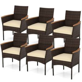 Costway - Outdoor Patio Wicker Chairs Set of 6 with Steel Frame & Soft Cushions, Armrests - Mix Brown & Beige
