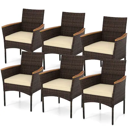 Front. Costway - Costway Outdoor Patio Wicker Chairs Set of 6 with Steel Frame & Soft Cushions, Armrests - Mix Brown & Beige.