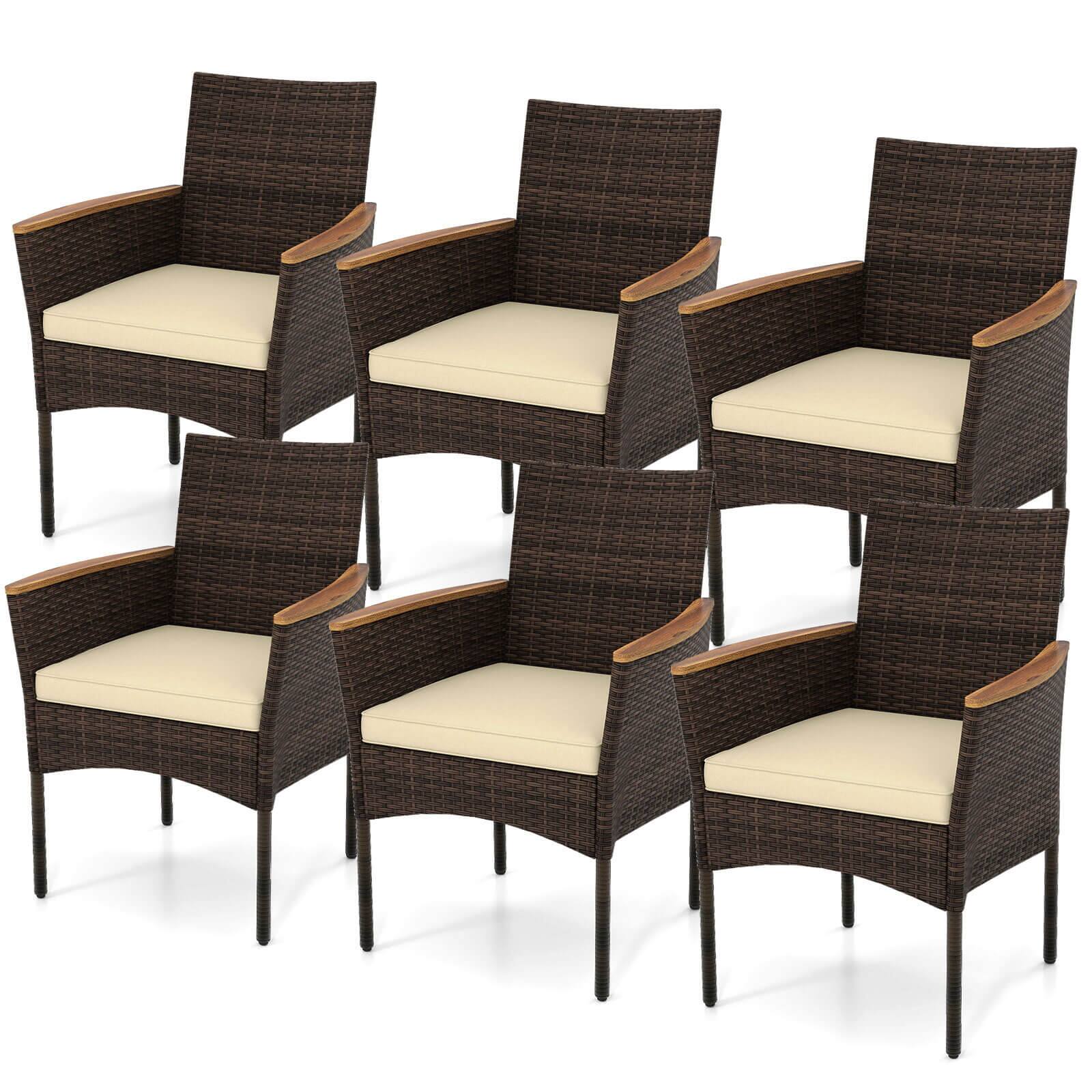 Front. Costway - Costway Outdoor Patio Wicker Chairs Set of 6 with Steel Frame & Soft Cushions, Armrests - Mix Brown & Beige.