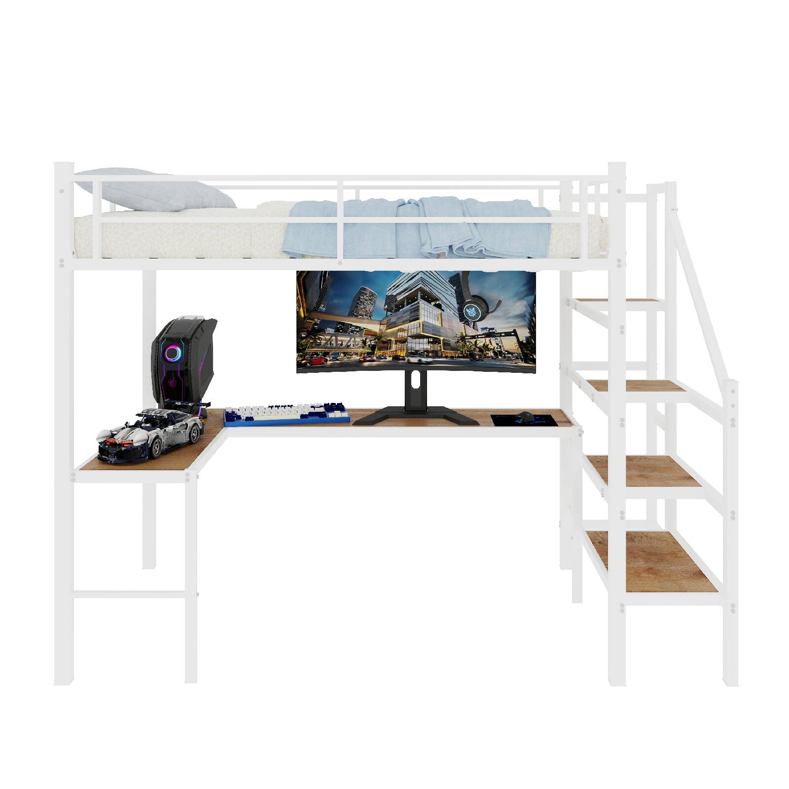 Alt View 5. Loheer - Loheer Twin Loft Bed with L-Shaped Desk Storage Stairs Noiseless Frame - White.