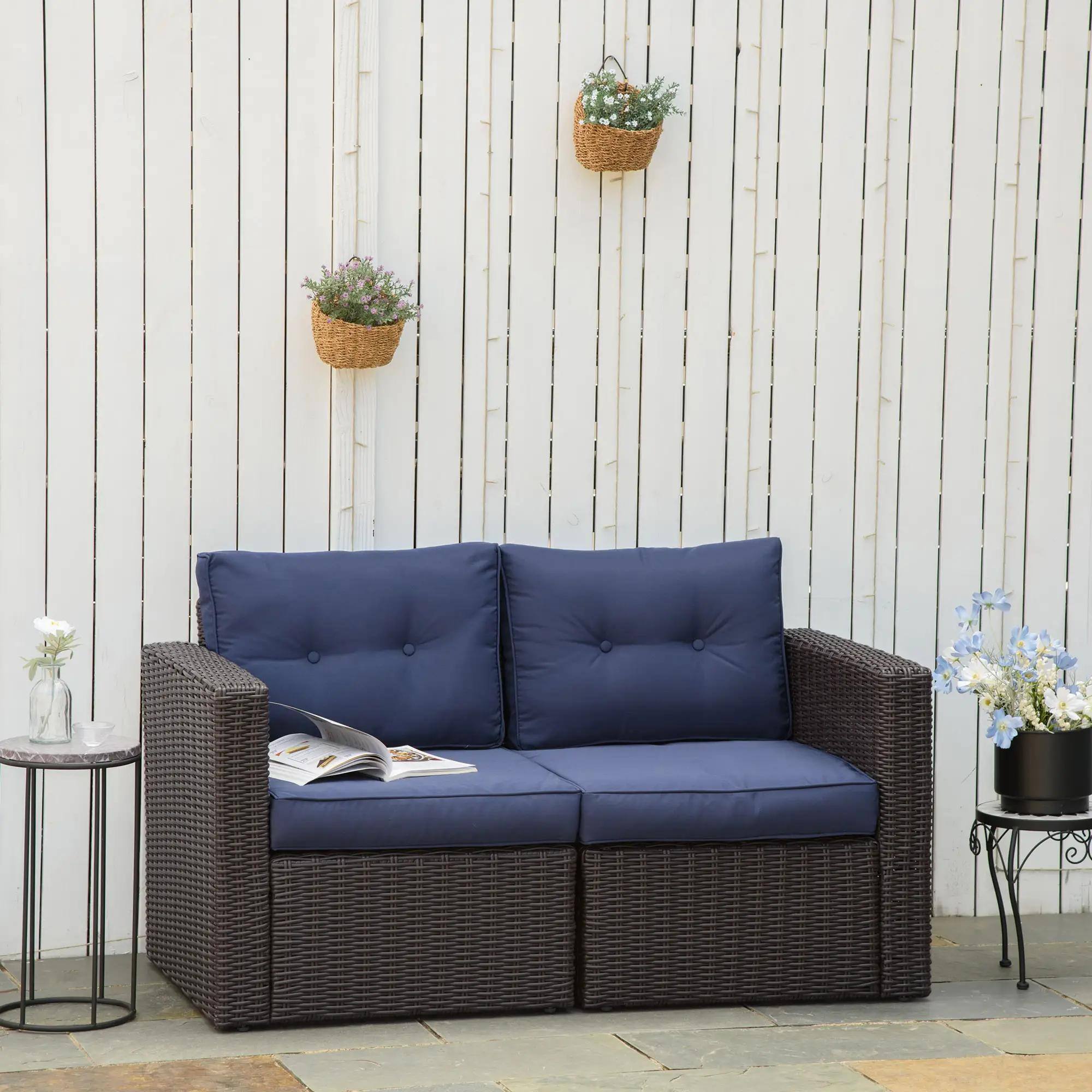 Angle. Spaco - Spaco 2-Piece PE Rattan Corner Sofa with Curved Armrests and Padded Cushions - Blue.