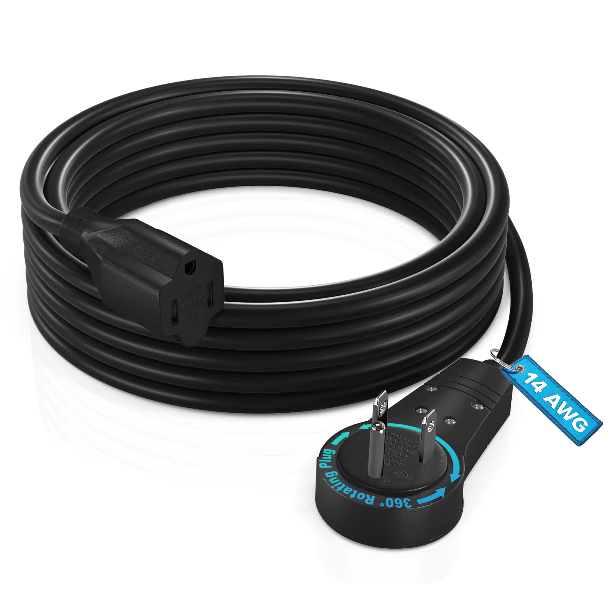 Maximm - 10 Feet 14Awg 360° Rotating Flat Plug Extension Cord / Wire, 3 Prong Grounded Wire, Heavy Duty - UL Certified - Black