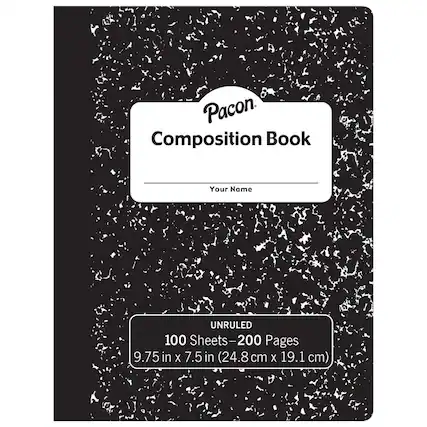 Pacon Composition Book
Your Name
UNRULED
100 Sheets - 200 Pages
9.75 in x 7.5 in (24.8 cm x 19.1 cm)