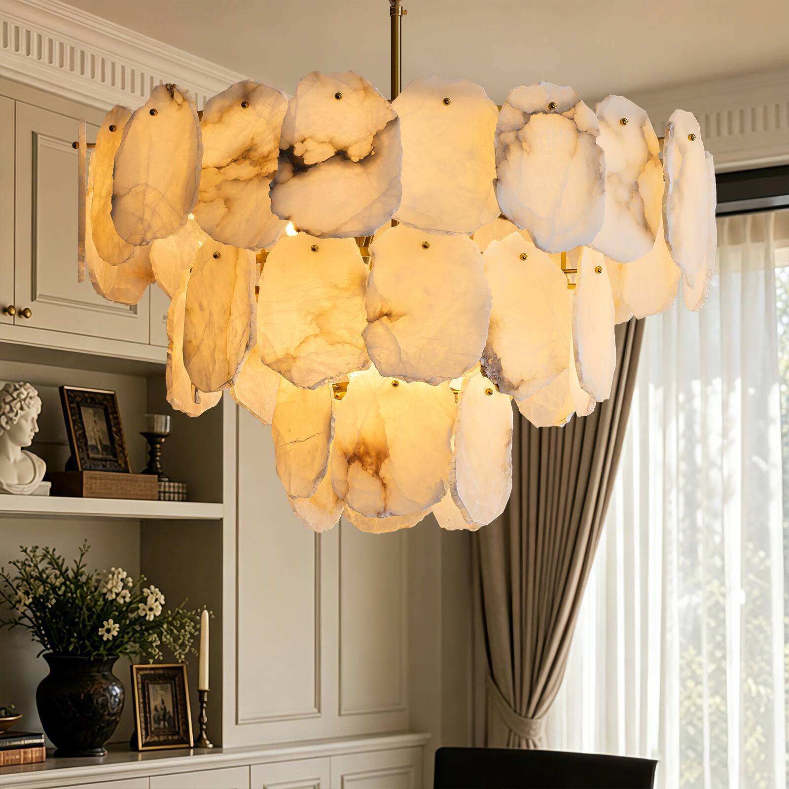 Left. Siljoy - 32 In Modern Empire 16 Light Three Tier Alabaster Chandelier Brass Gold Adjustable Chain Foyer Kitchen Island - Gold Brass.