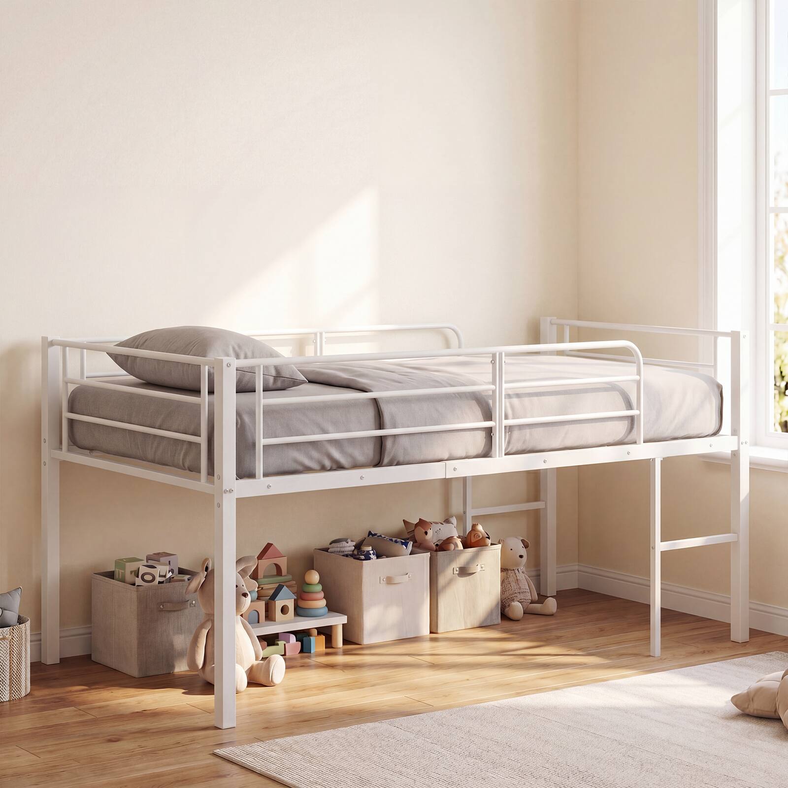 Alt View 1. Costway - Costway Twin Size Low Loft Bed, Heavy Duty Metal Bed Frame with Safety Guardrails & 2 Ladders - White.