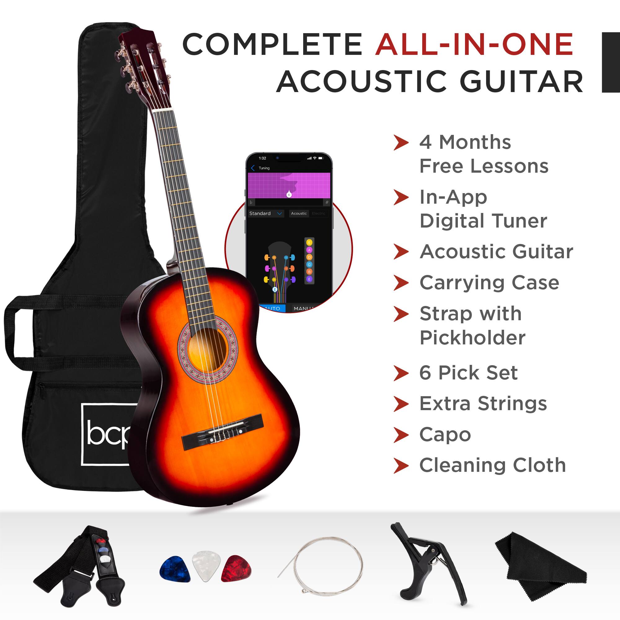 COMPLETE ALL-IN-ONE ACOUSTIC GUITAR

- 4 Months Free Lessons
- In-App Digital Tuner
- Acoustic Guitar
- Carrying Case
- Strap with Pickholder
- 6 Pick Set
- Extra Strings
- Capo
- Cleaning Cloth