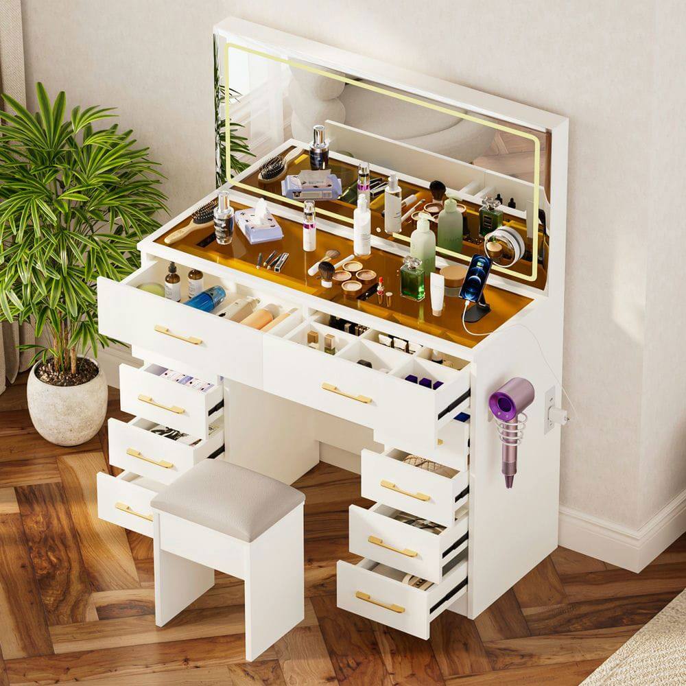 Alt View 1. Kadyn - 46-Inch Makeup Vanity with 10 Drawers, Mirror and Stool - White - White.