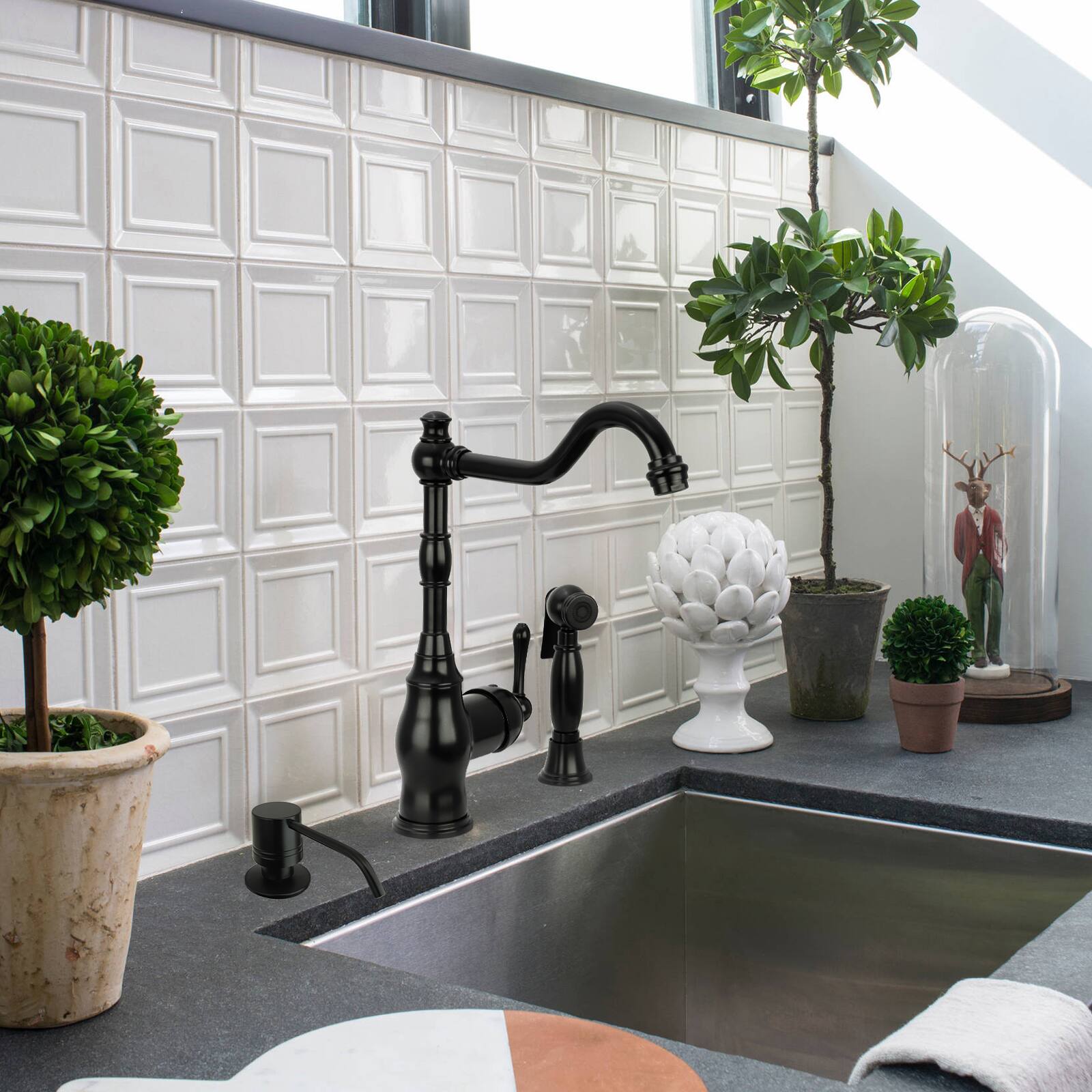 Alt View 3. Akicon - Akicon Solid Brass One-Handle 360° Swivel Widespread Kitchen Faucet with Side Spray in Matte Black - Matte Black.