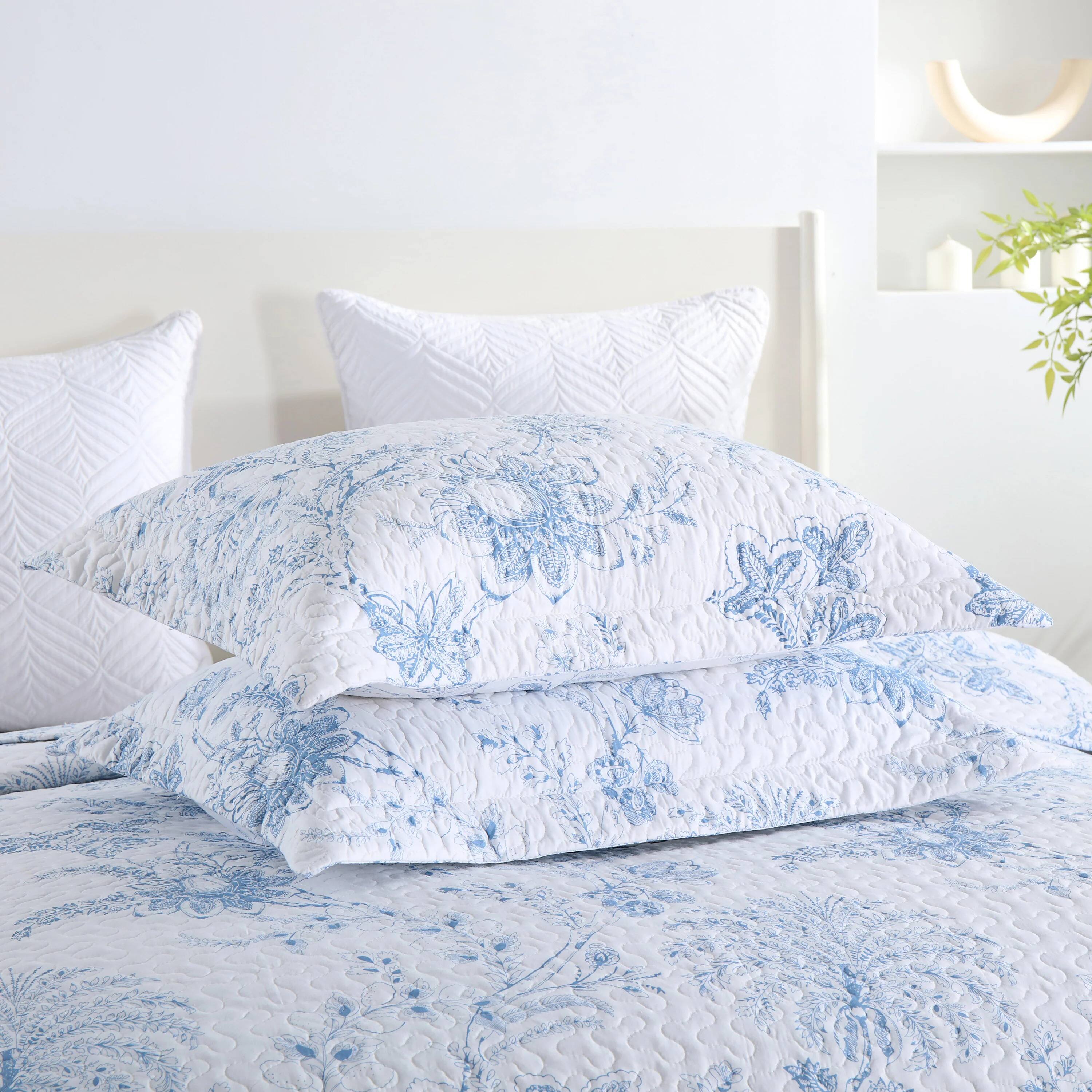 Back. MarCielo - Marcielo 3 Piece Printed Floral Quilt Set Lightweight Bedspread Set - Blue.