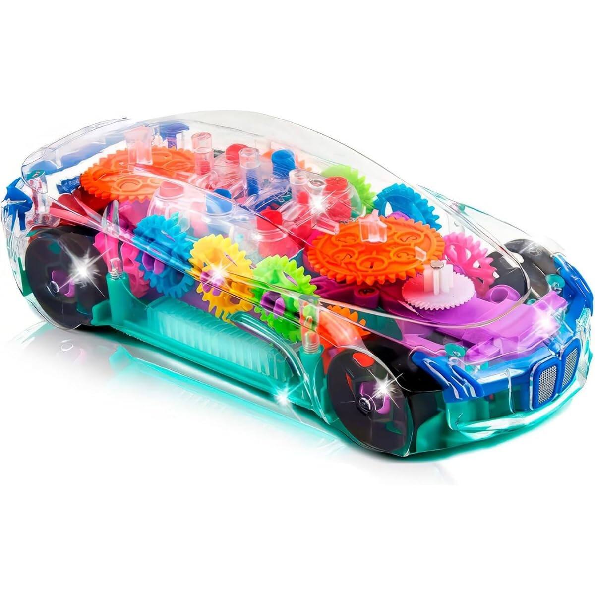 Front. DORLUKFU - Light Up Transparent Sensory Car Toy for Kids, 1PC, Bump and Go Toy Car with Colorful Moving Gears, Music, and LED.