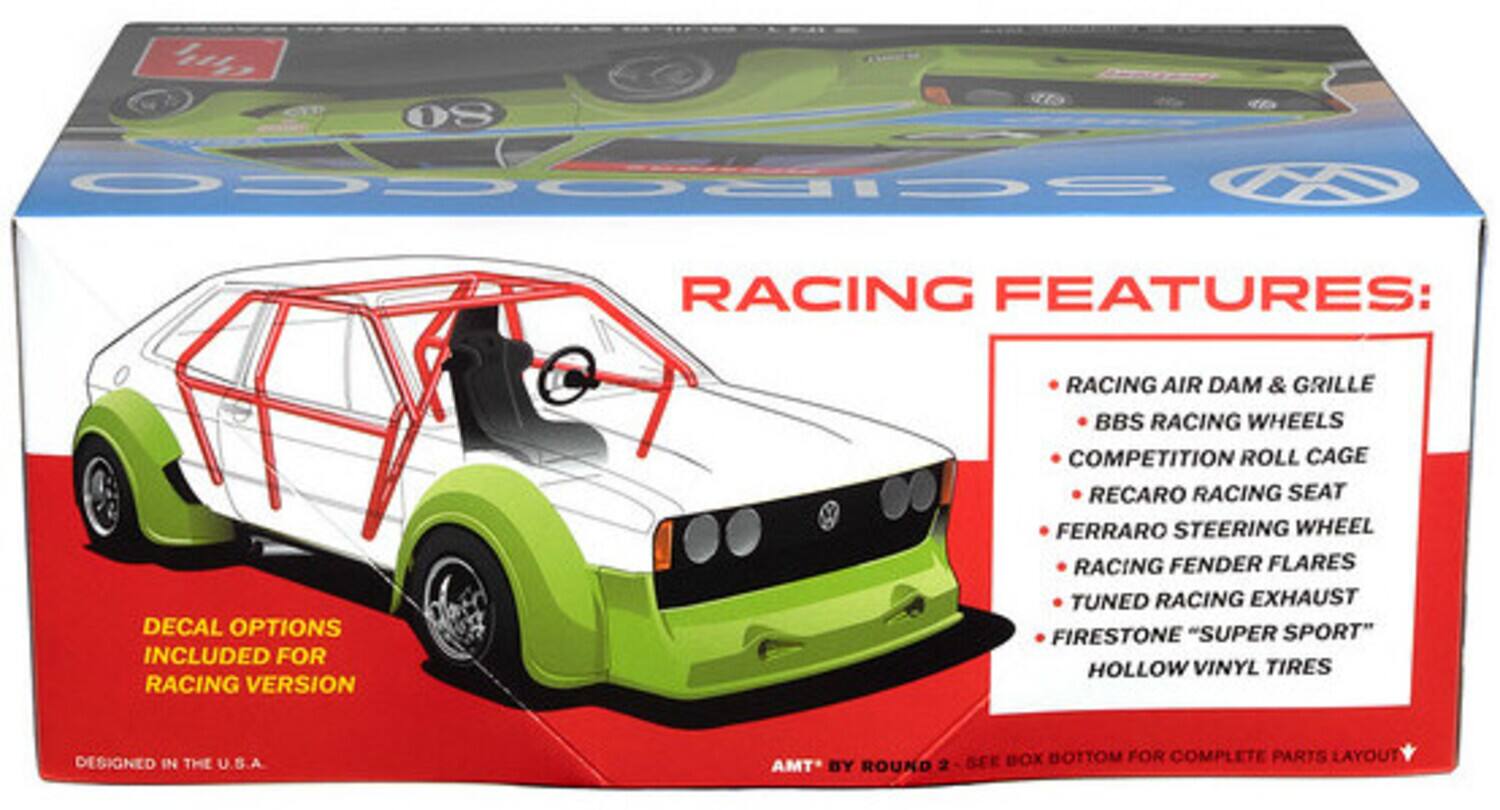 **RACING FEATURES:**

- DECAL OPTIONS INCLUDED FOR RACING VERSION
- RACING AIR DAM & GRILLE
- BBS RACING WHEELS
- COMPETITION ROLL CAGE
- RECARO RACING SEAT
- FERRARO STEERING WHEEL
- RACING FENDER FLARES
- TUNED RACING EXHAUST
- FIRESTONE "SUPER SPORT" HOLLOW VINYL TIRES

DESIGNED IN THE U.S.A.

AMT BY ROUND 2 - SEE BOX BOTTOM FOR COMPLETE PARTS LAYOUT