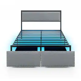 LUCKY ONE - Full Size Metal Slats Bed Frame with LED Lights and Rolling Drawer - Gray
