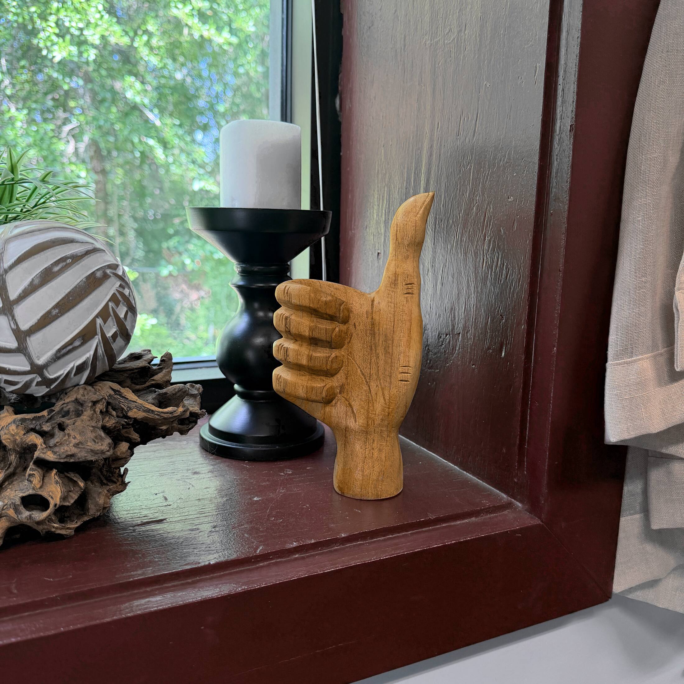 Alt View 6. Zeckos - Hand Carved Wood Thumbs up Hand Statue Natural Tabletop Decor 7.75 Inch Tall - Natural.
