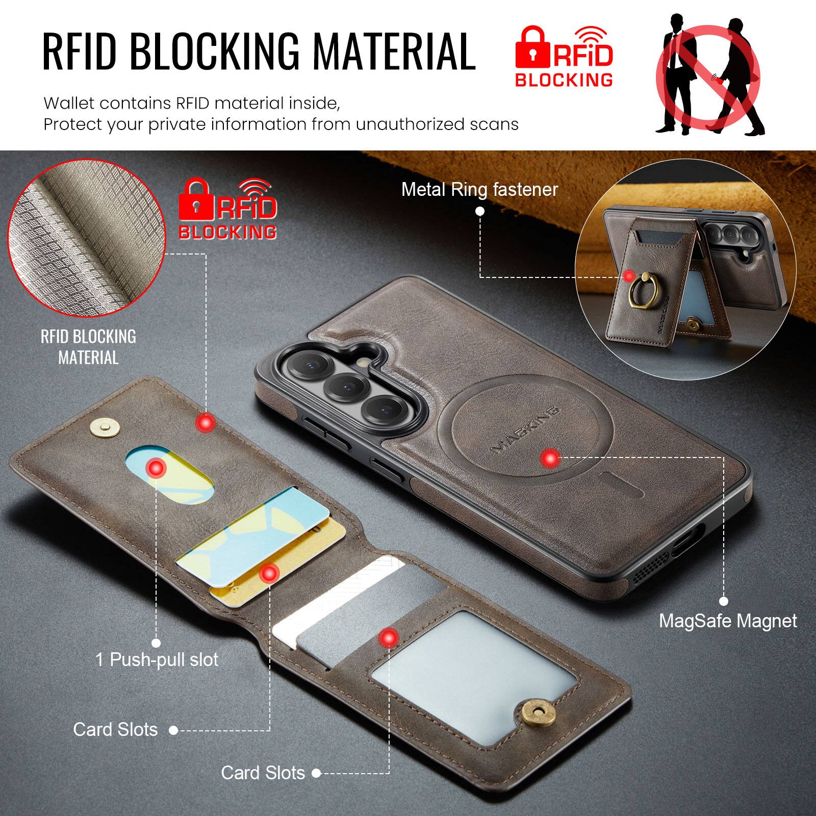 RFID BLOCKING MATERIAL

Wallet contains RFID material inside, Protect your private information from unauthorized scans

RFID BLOCKING MATERIAL

Metal Ring fastener

1 Push-pull slot

Card Slots

Card Slots

MagSafe Magnet