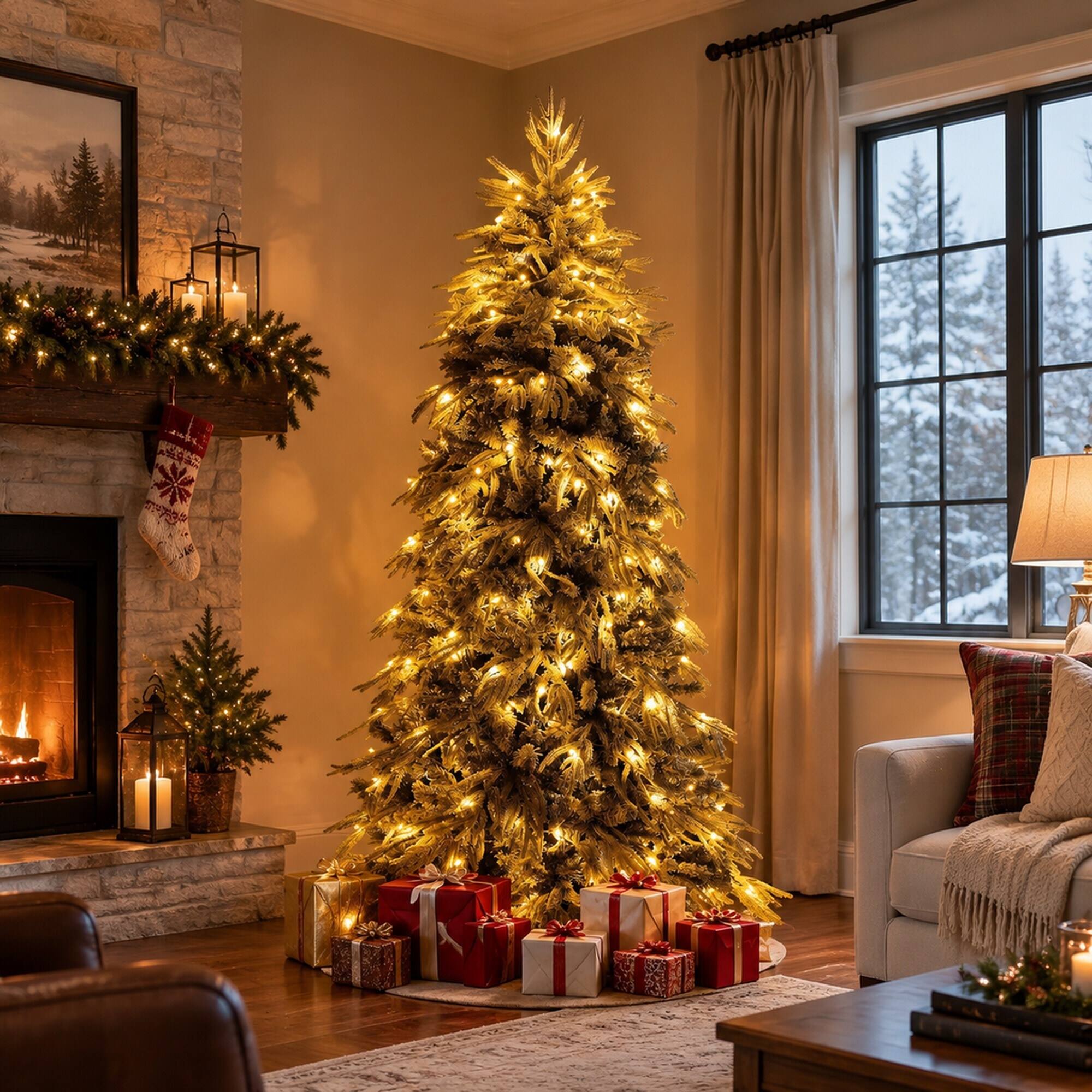 Left. RYHNUYNE - 7FT Pre-Lit Slim Flocked Christmas Tree With 250 Warm White LED Lights and 767 Tips, Metal Stand for Narrow Spaces - White.