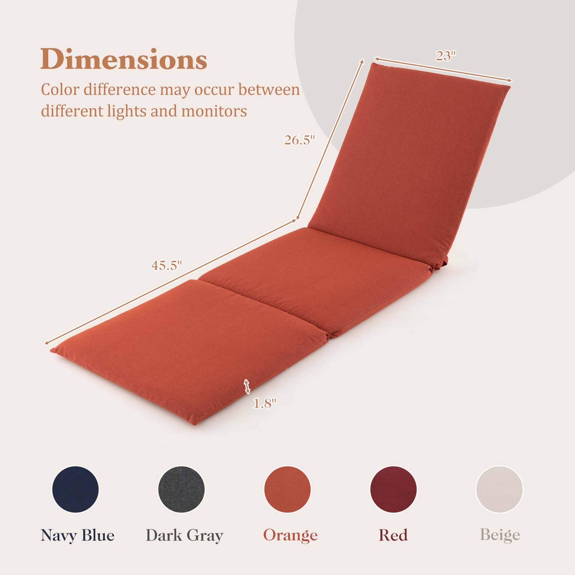 Dimensions  
Color difference may occur between different lights and monitors  

23"  
26.5"  
45.5"  
1.8"  

Navy Blue  
Dark Gray  
Orange  
Red  
Beige