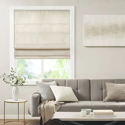 Front. BreeBe - Printed Faux Silk Room Darkening Cordless Roman Shade - Ivory.