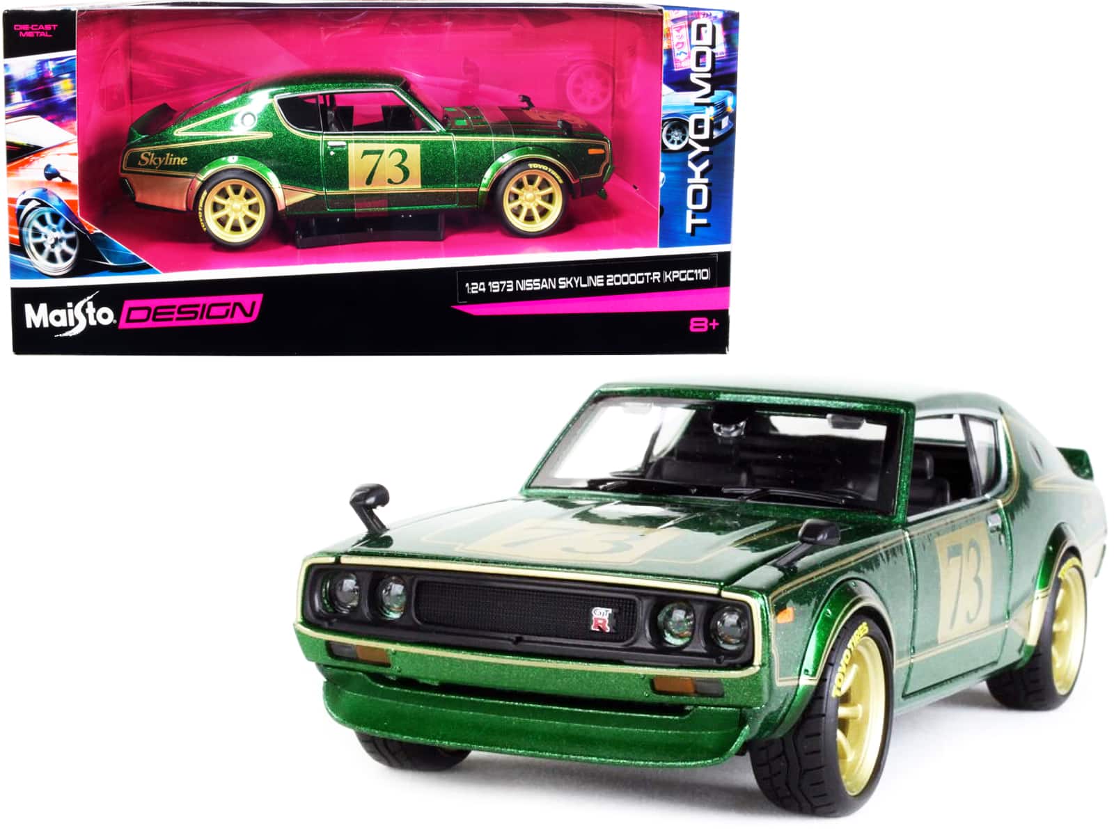 "1973 Nissan Skyline 2000GT-R (KPGC110) #73 Green Metallic with Gold Stripes ""Tokyo Mod"" Series 1/24 Model Car by Maisto" price history on PriceWatchPro