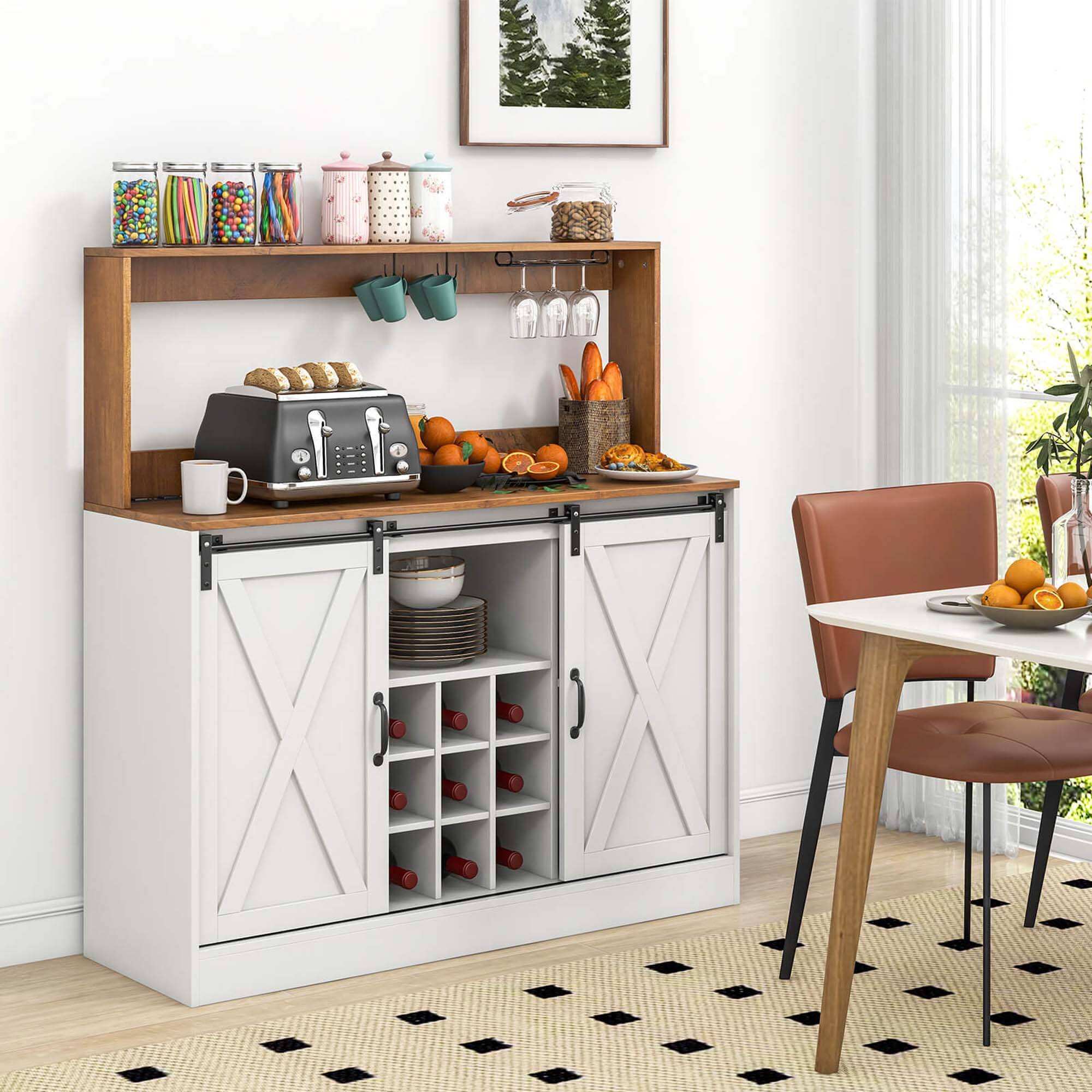 Alt View 4. Costway - Costway 47.5" Farmhouse Coffee Bar Cabinet with Charging Station Glass Cup Holders Hutch - White.