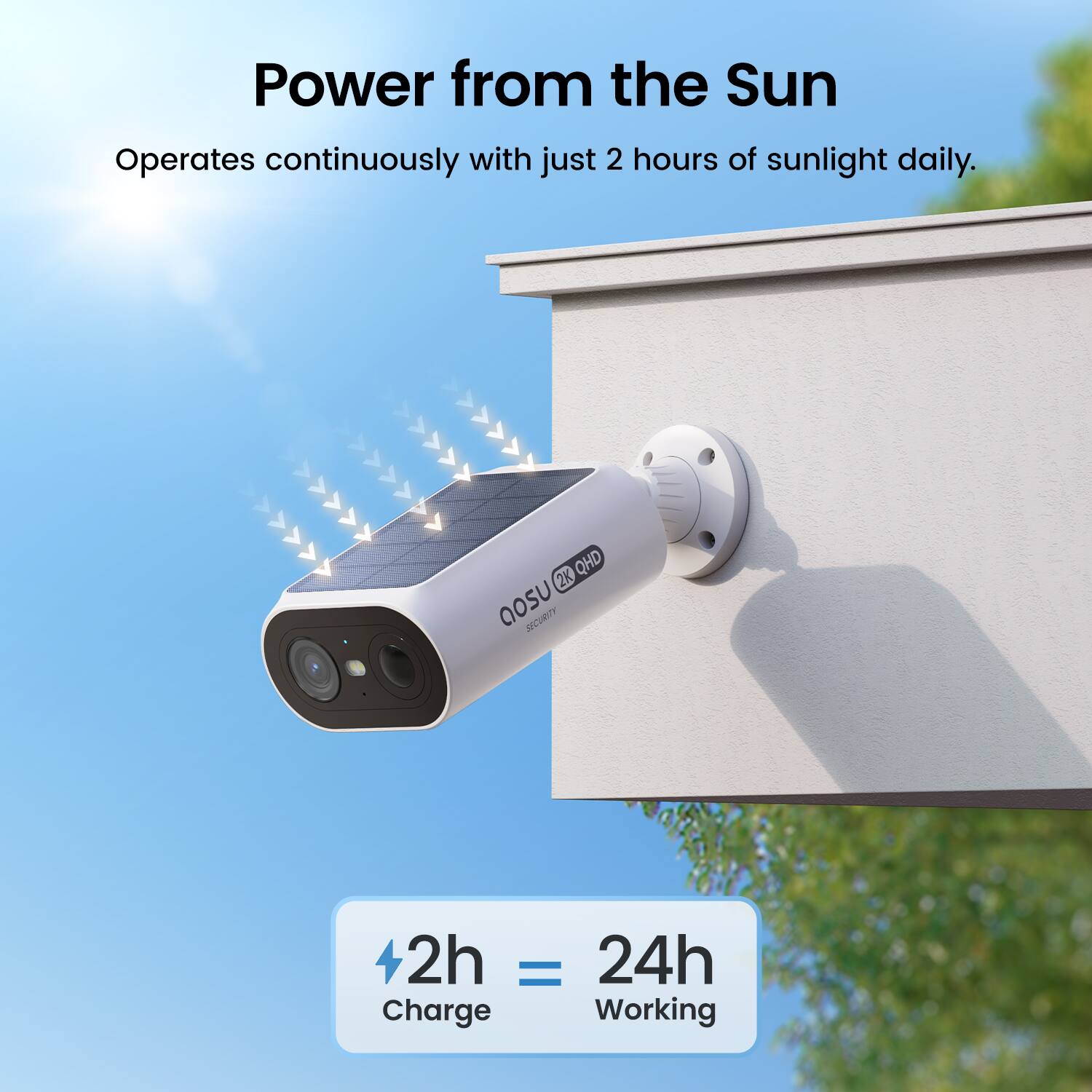 Power from the Sun  
Operates continuously with just 2 hours of sunlight daily.  

2K QHD  
2h = 24h  
Charge Working
