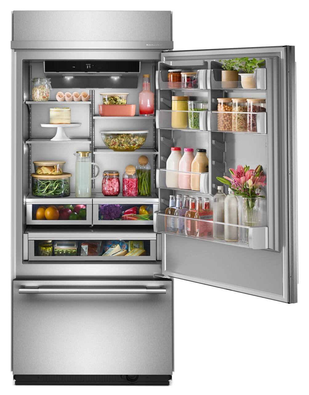 Left. KitchenAid - 20.8 Cu. Ft. Built-In Bottom Mount Refrigerator with Platinum Interior - Stainless Steel with PrintShield Finish.