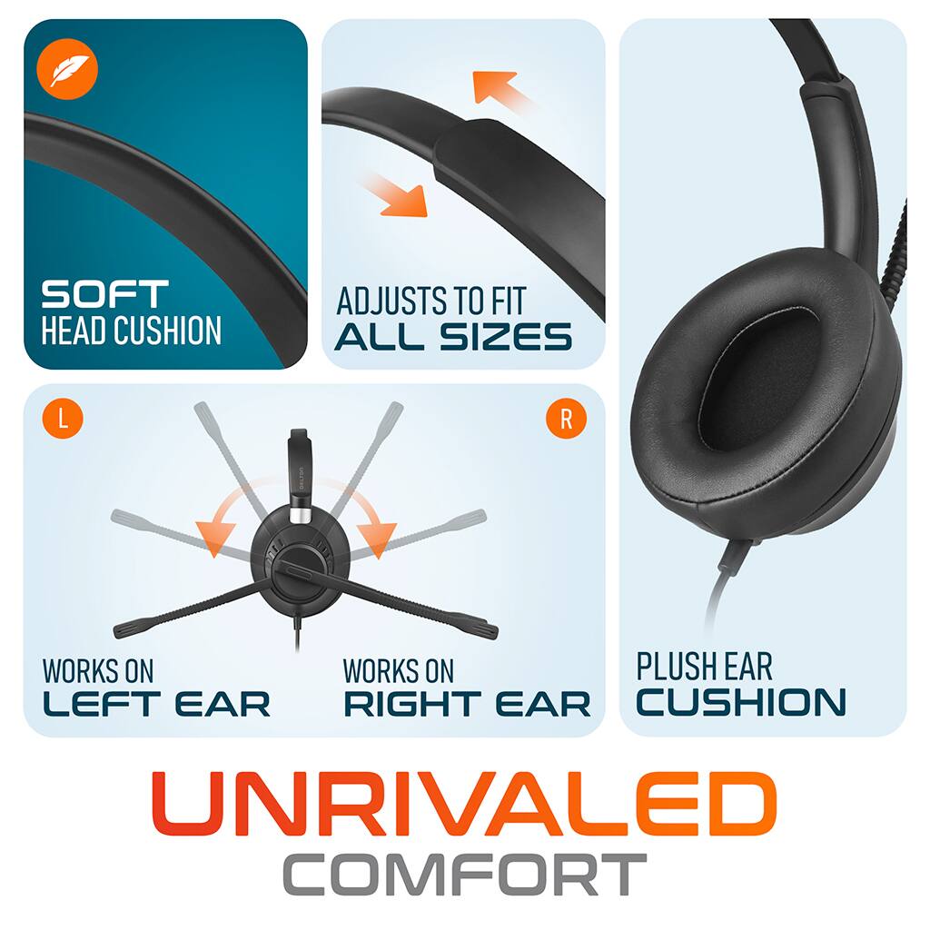 SOFT HEAD CUSHION ADJUSTS TO FIT ALL SIZES WORKS ON LEFT EAR WORKS ON RIGHT EAR PLUSH EAR CUSHION UNRIVALED COMFORT