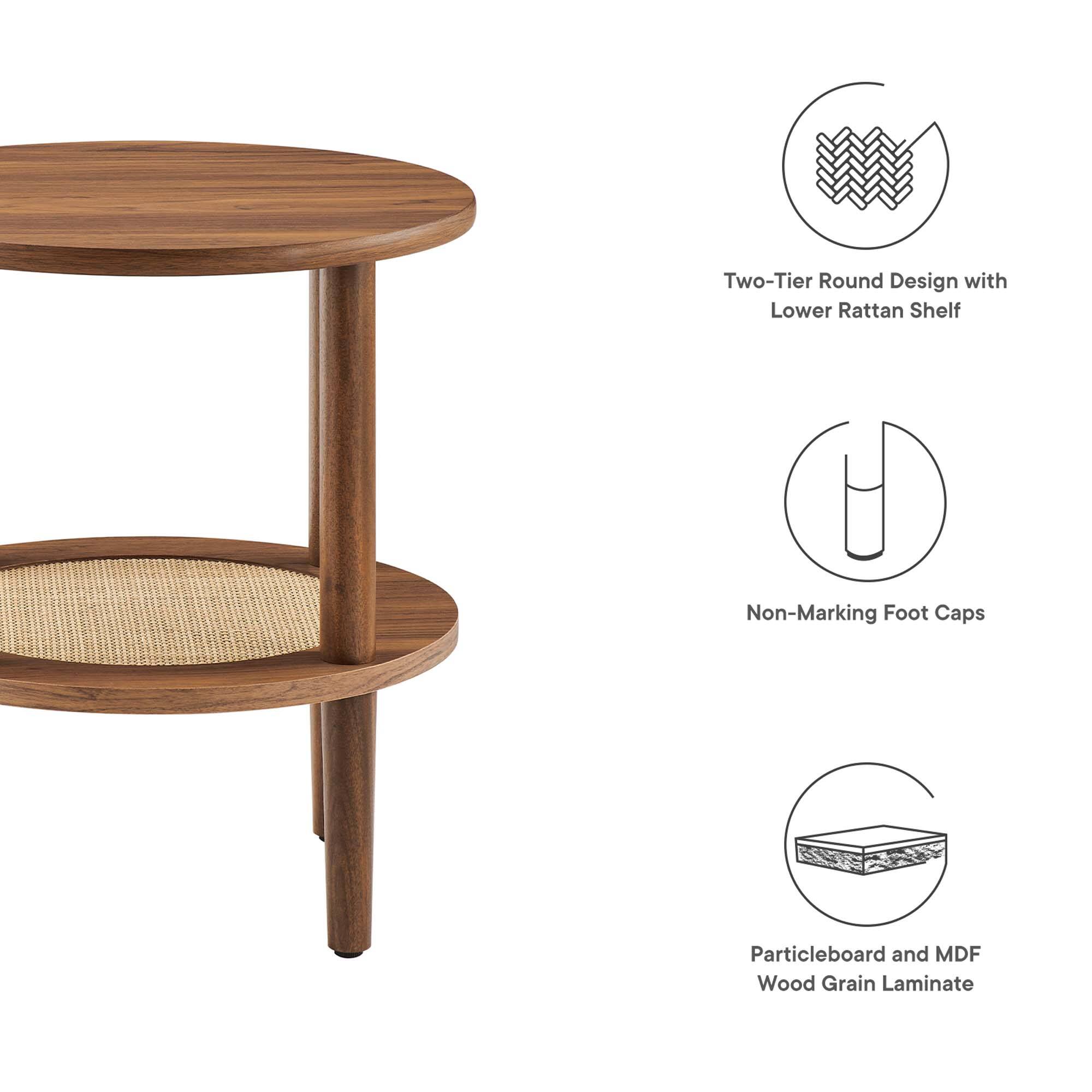 Two-Tier Round Design with Lower Rattan Shelf  
Non-Marking Foot Caps  
Particleboard and MDF Wood Grain Laminate