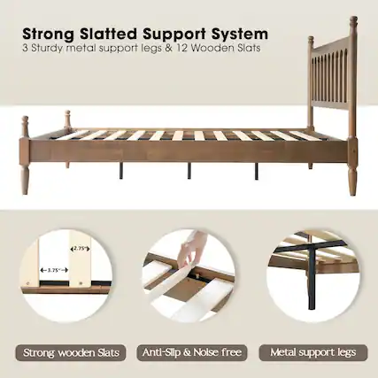 Strong Slatted Support System
3 Sturdy metal support legs & 12 Wooden Slats
2.75" 3.75"
Strong wooden Slats
Anti-Slip & Noise free
Metal support legs