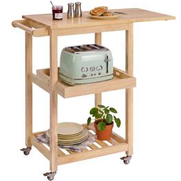 Best Choice Products - Rolling Kitchen Island Cart w/ Drop Leaf Extension, Solid Wood, Tray, Shelf, Wheels - Natural