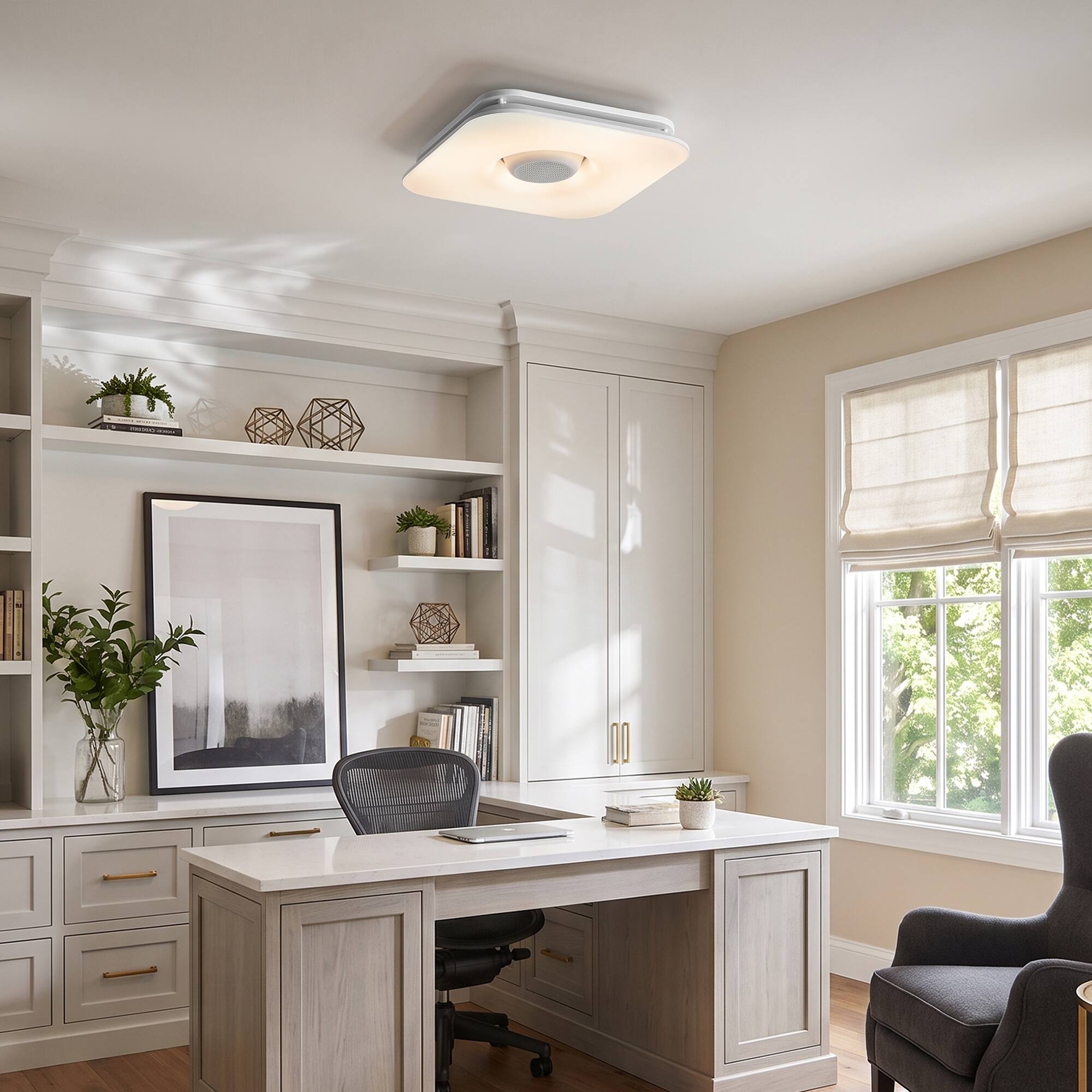 Left. Parrot Uncle - 12 Inch Smart Bathroom Exhaust Fan with Bluetooth Speaker and RGB LED, 110 CFM Quiet Vent, App Control - White.