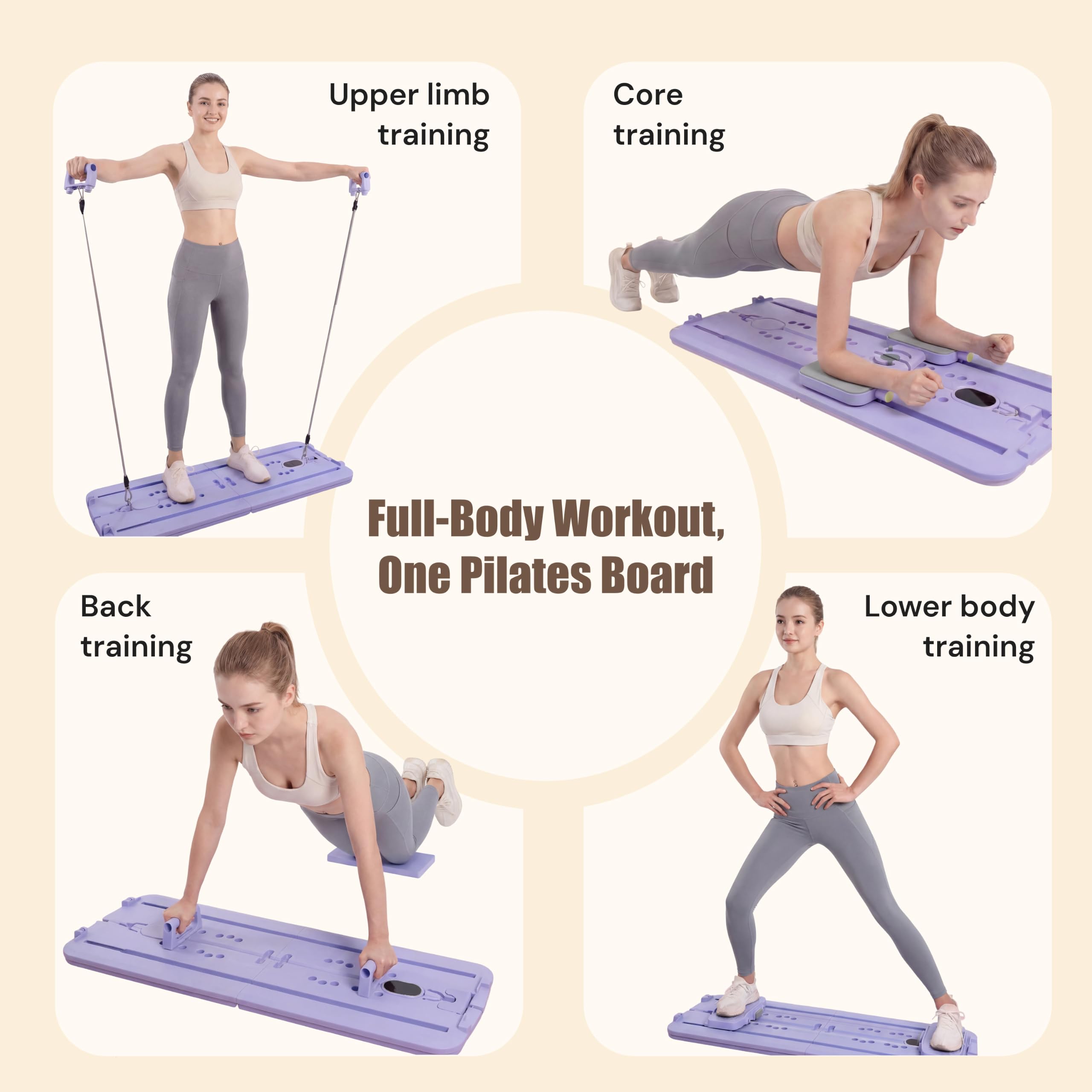 Upper limb training  
Core training  
Back training  
Full-Body Workout, One Pilates Board  
Lower body training