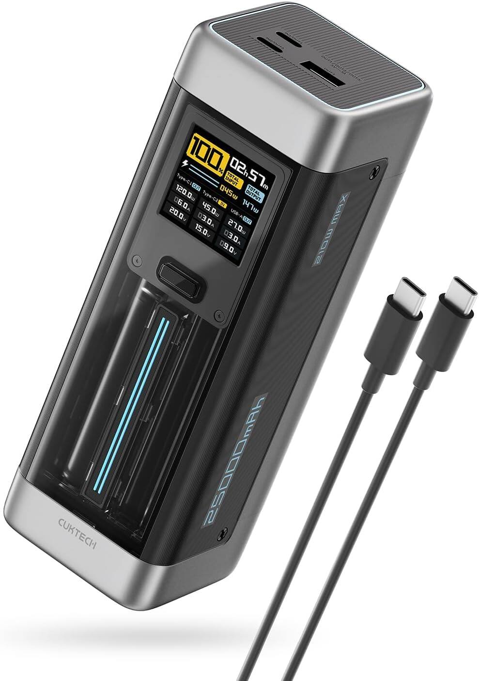 100.0% 02h Type-C1 120.0w 045w OUTPUT 06.0 2N4 14 20.0% D. 45.0w Dww USB 147w 03 A 03.0 27.0w DOm 15.0v 03.0 09.0v MAX 210W CUKTECH 25000mAh