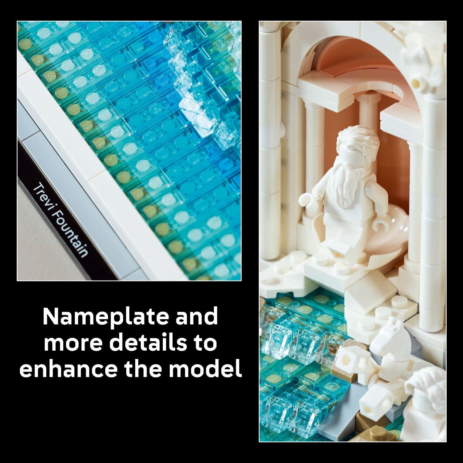 The image features a model of the Trevi Fountain, a famous landmark in Rome, Italy. The model is made of Legos and has a nameplate that reads "Trevi Fountain." The nameplate and more details are provided to enhance the model and make it more accurate and visually appealing.