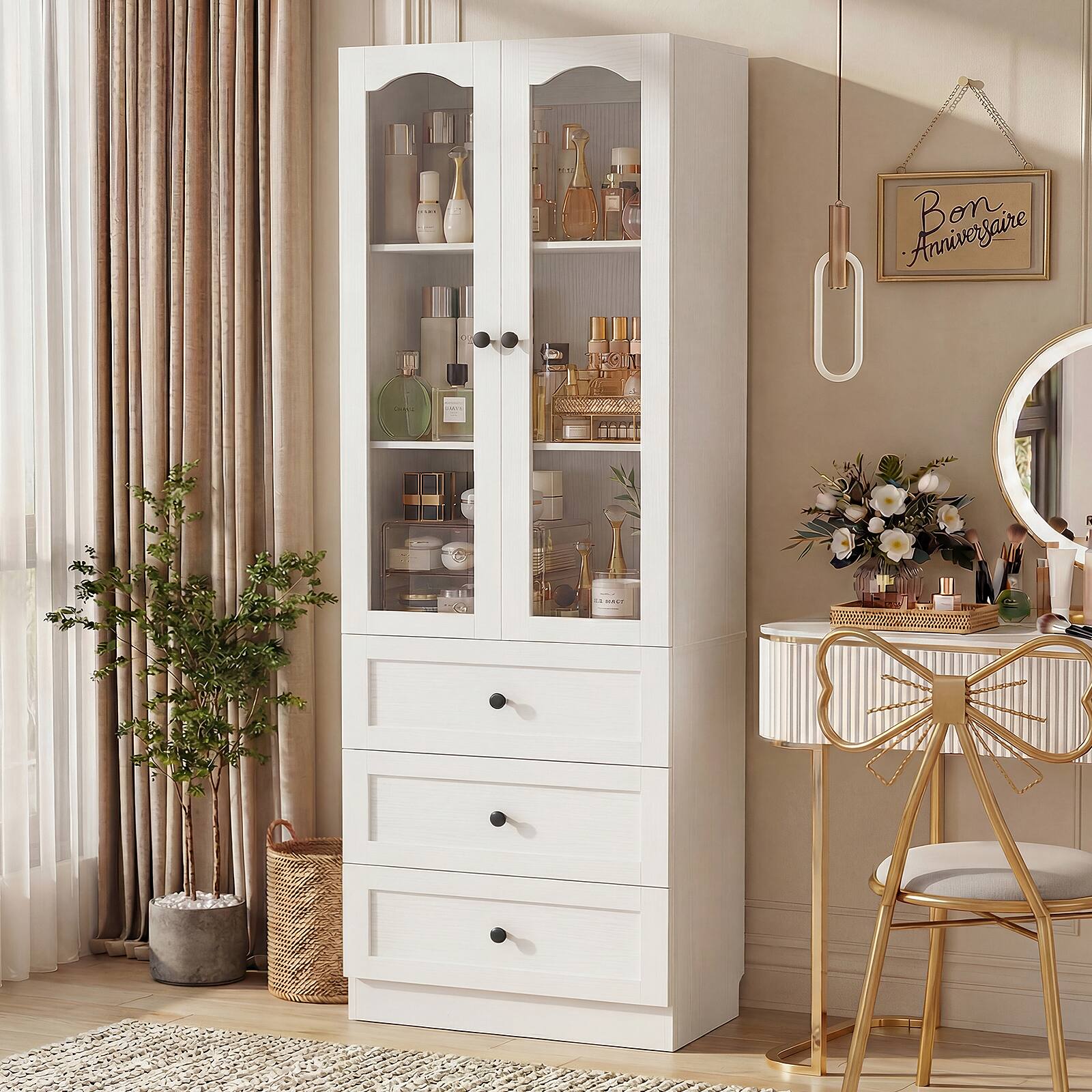 Alt View 5. Aheaplus - 80'' Tall Bookcase with 3 Drawers, Glass Doors, and 3-Tier Shelves, 2 Piece Set - White.