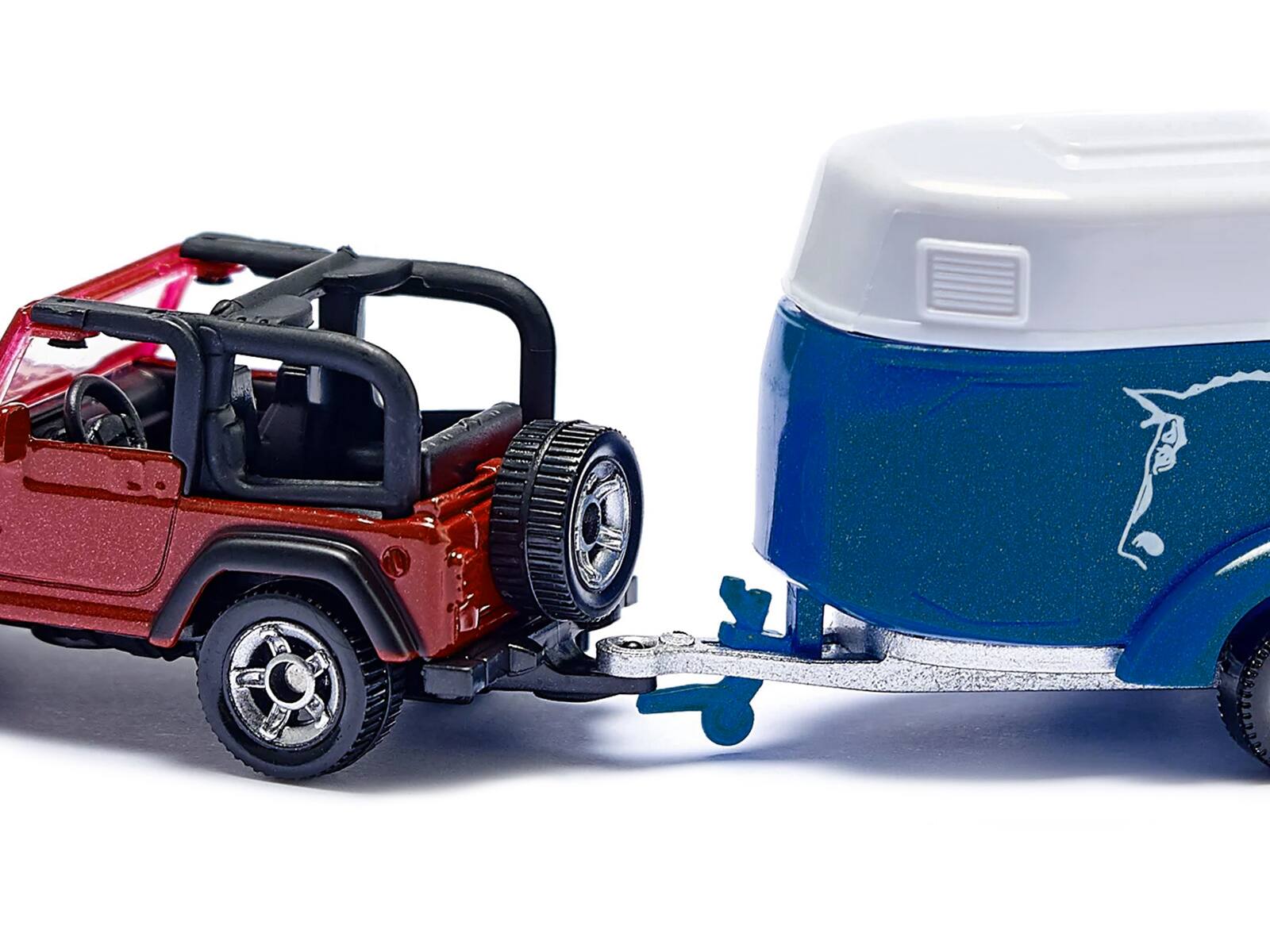 Back. SIKU - Jeep Red with Horse Trailer Blue and Horse Accessory Diecast Model by Siku - Multicolor.