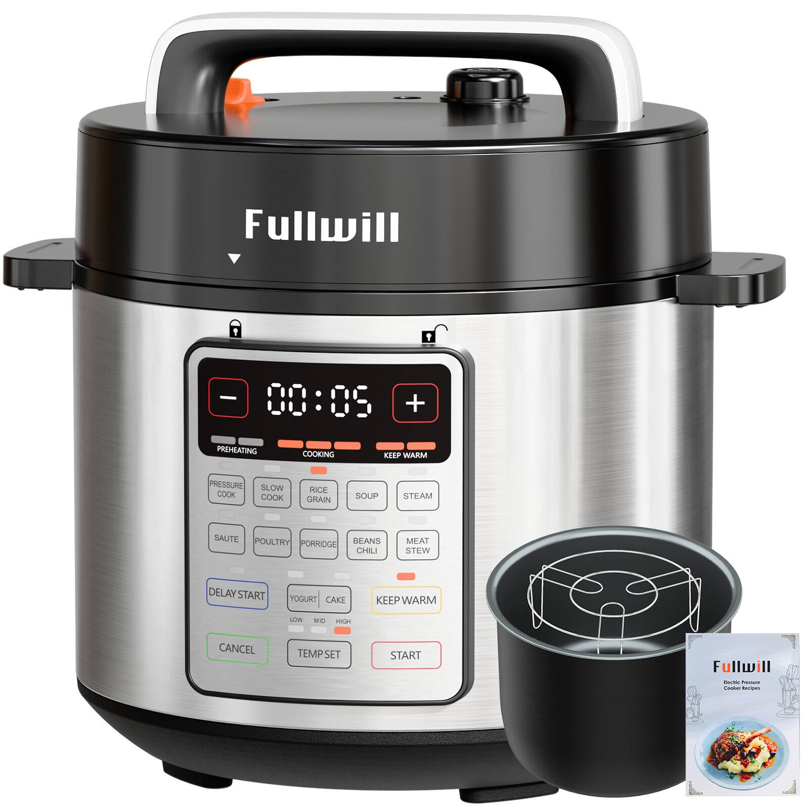 Fullwill  
- 00:09 + PREHEATING COOKING KEEP WARM PRESSURE SLOW COOK COOK RICE GRAIN SOUP STEAM SAUTE POULTRY BEANS PORRIDGE CHILI MEAT STEW DELAY START YOGURT CAKE KEEP WARM LE MI n1 CANCEL TEMP SET START  
Fullwill H - Le deris