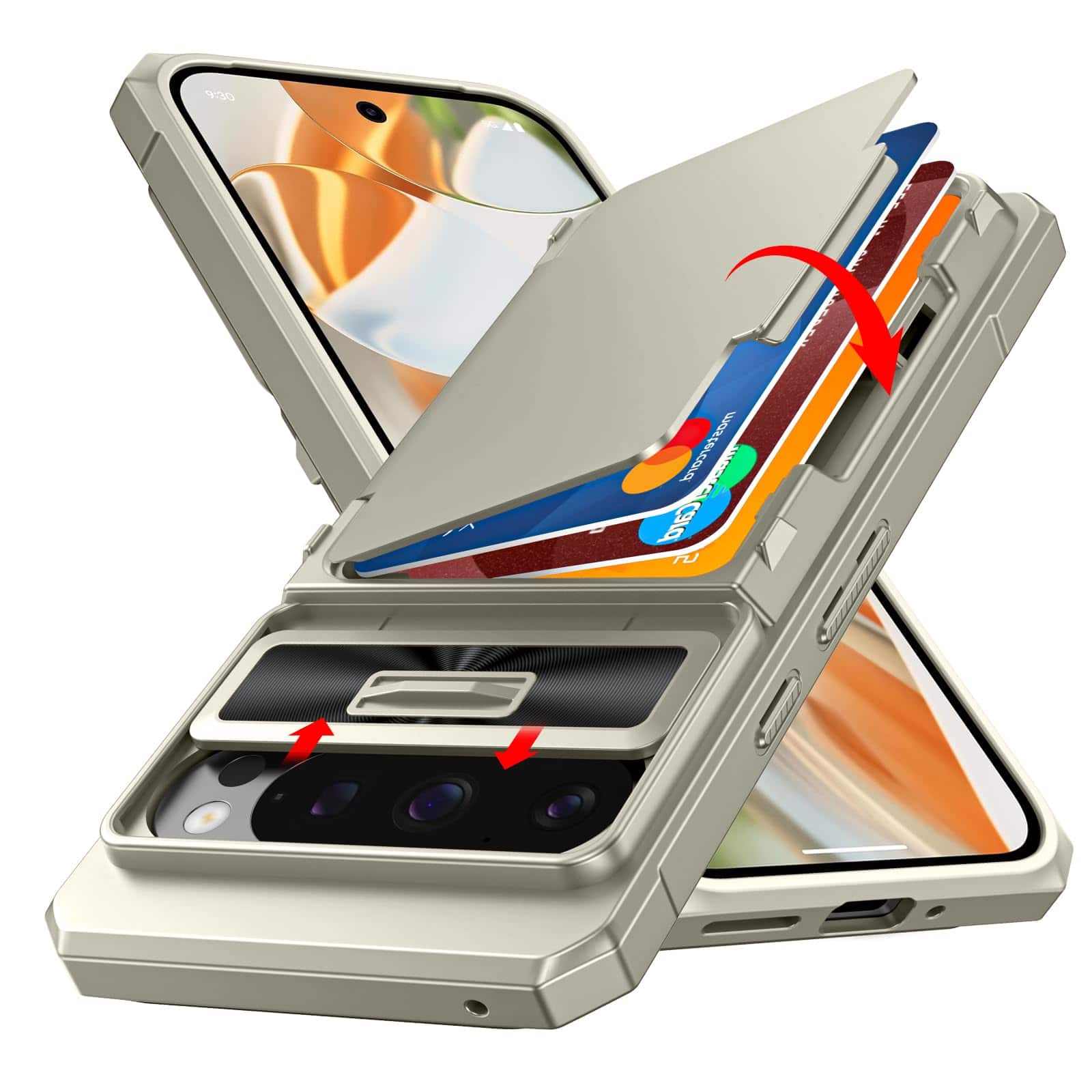 Jadie Link - Cenmaso Pixel Pro Case Card Holder Cards Sliding Camera Cover Kickstandrfid Blocking Drop Protection Tpu Edge Wallet - Titanium-Pixel 10/10 Pro