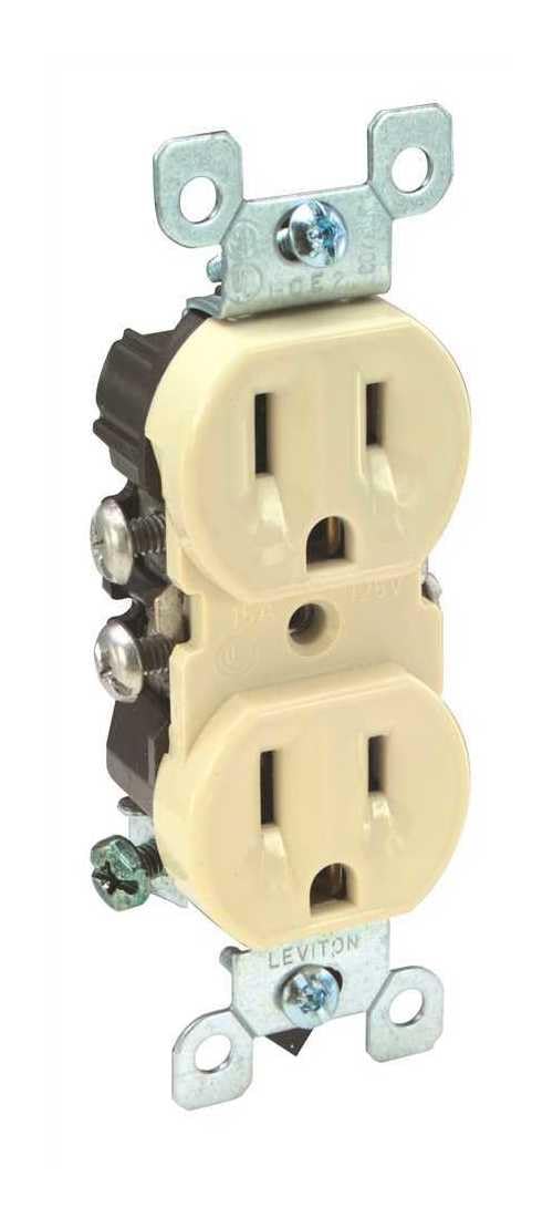 Angle. Leviton - 15 Amp 125 Volt Co/Alr Duplex Receptacle, Straight Blade, Residential Grade, Grounding, 12650-I - Ivory.