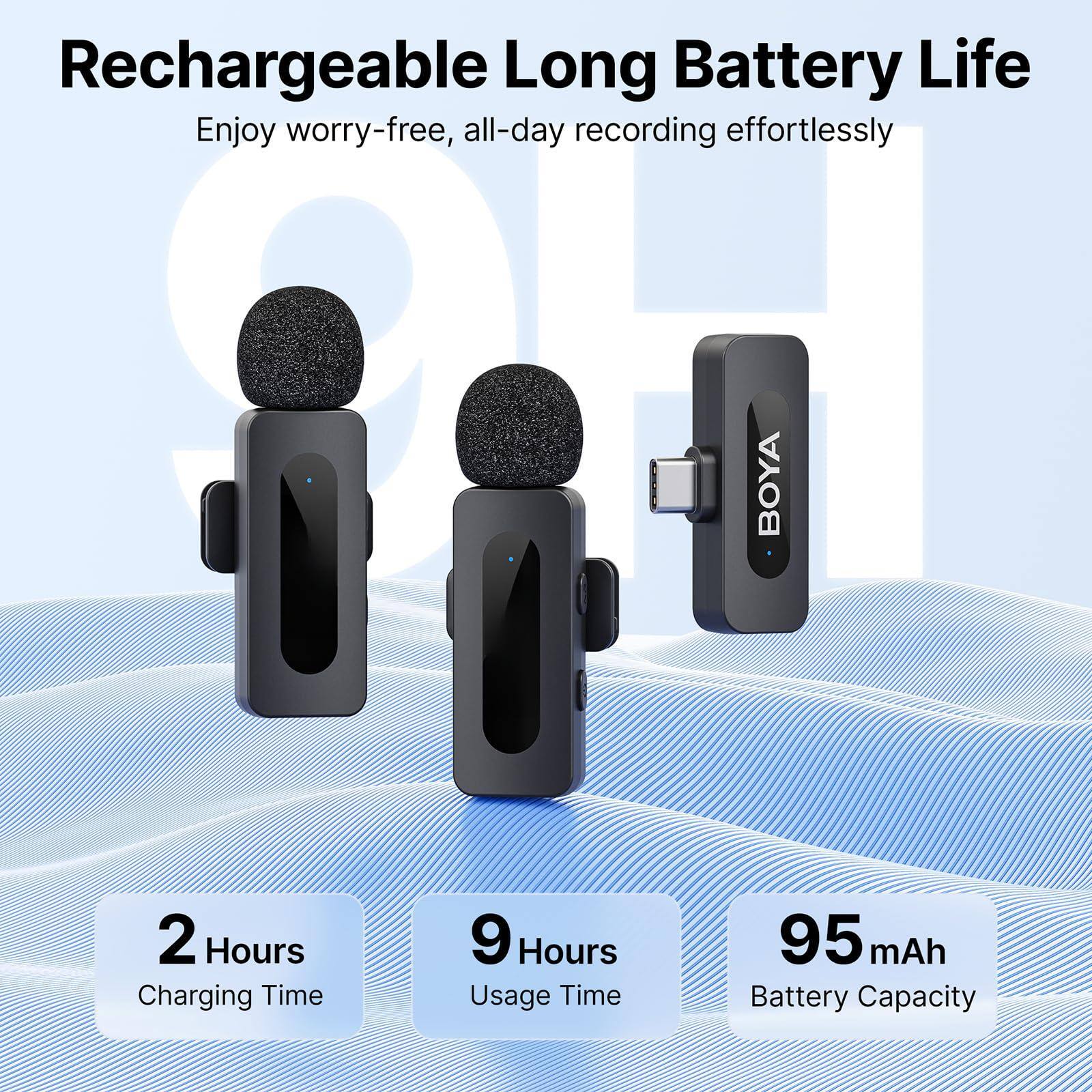 Rechargeable Long Battery Life  
Enjoy worry-free, all-day recording effortlessly  

2 Hours Charging Time  
9 Hours Usage Time  
95 mAh Battery Capacity