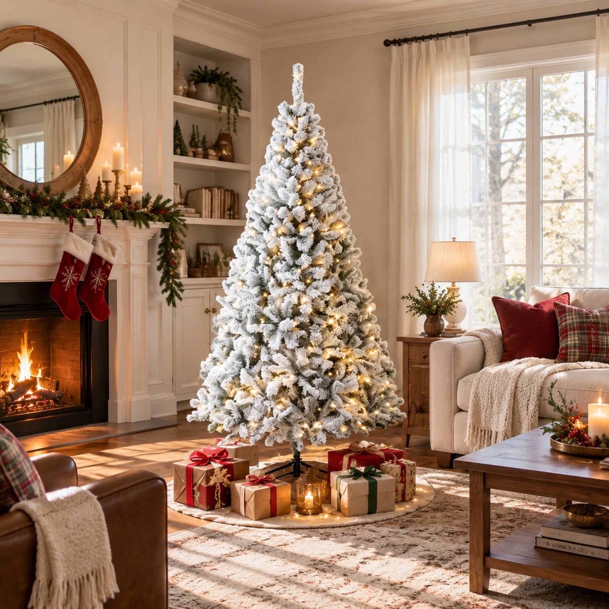Angle. RYHNUYNE - 6FT Pre-Lit Flocked Fraser Fir Christmas Tree With LED Lights and Hinged Branches, Foldable Metal Base - White.