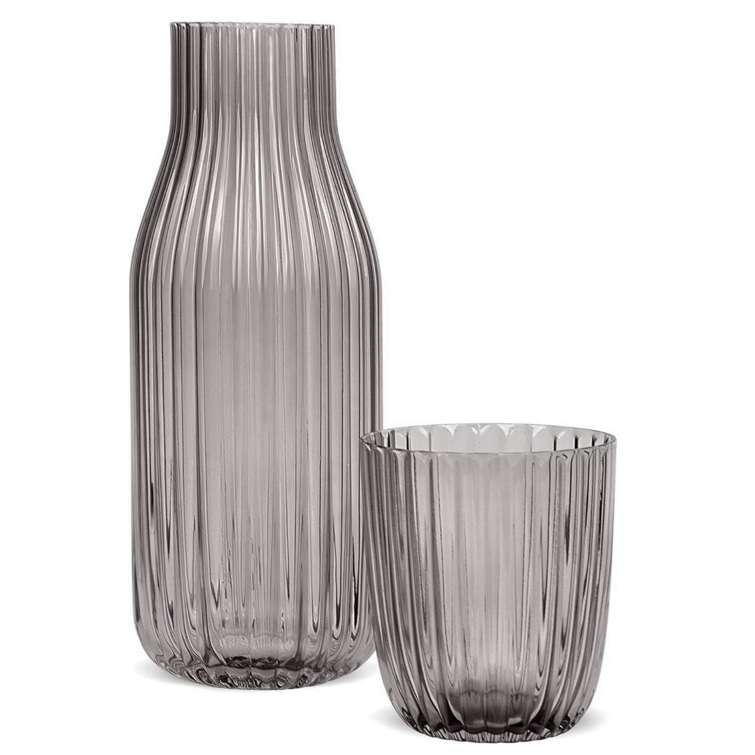 Angle. Jay Import - Smoke Ribbed Glass Carafe Set 38.89 OZ. - Gray.