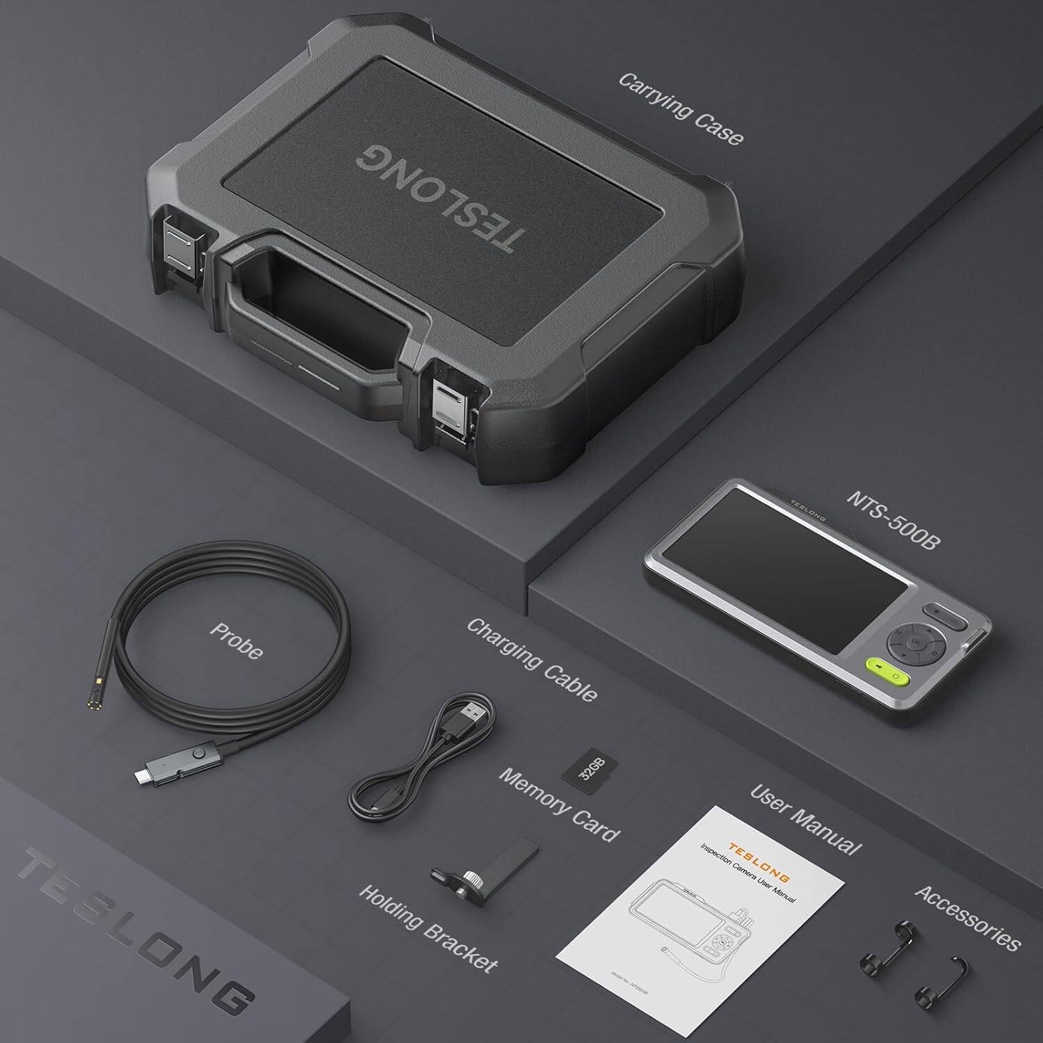 TESLONG Carrying Case Probe Charging Cable PERLNO NTS-500B 3208 Memory Card TESLONG Holding Bracket User Manual TESLONG Accessories