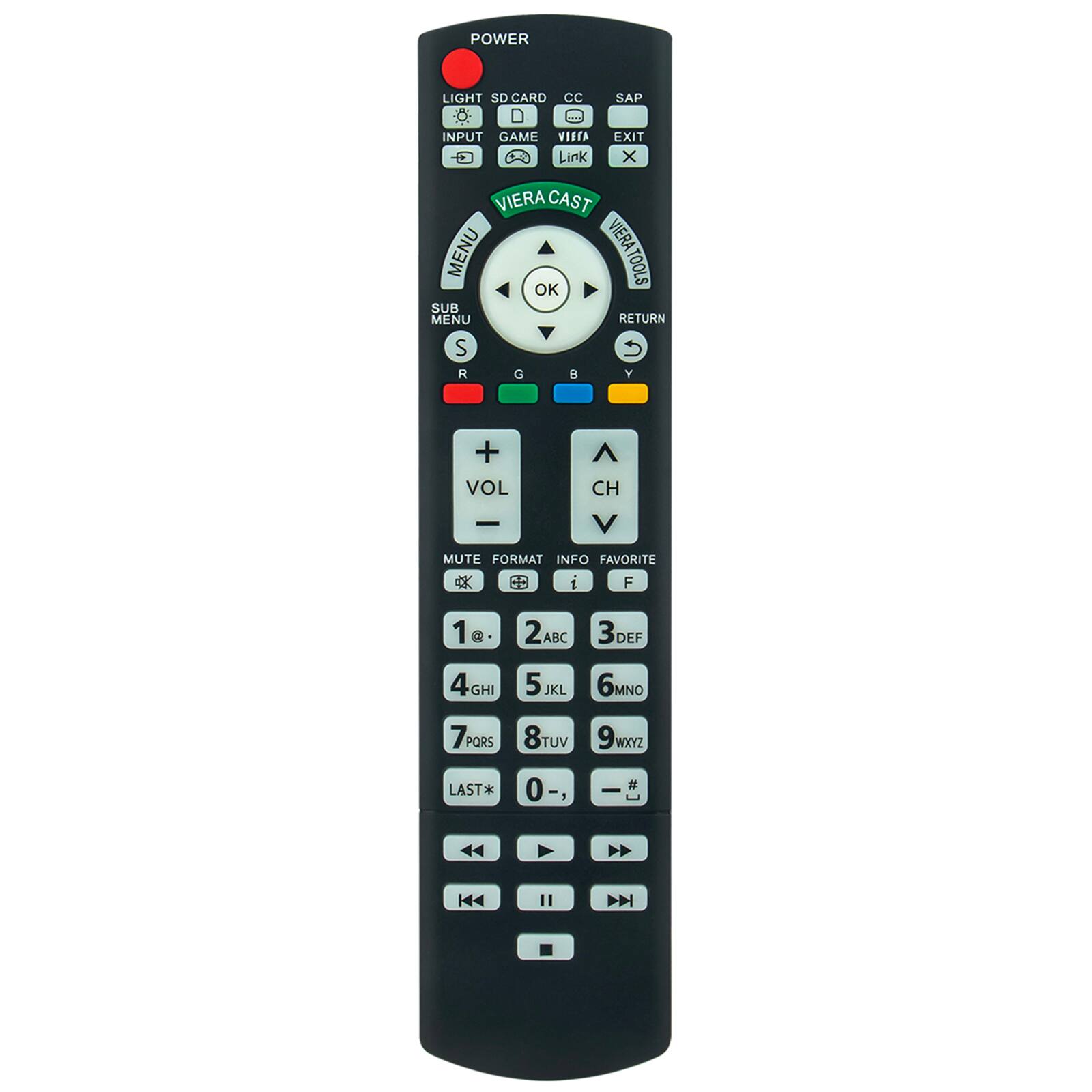 Sure, here is the corrected and grouped text from the image:

- POWER
- LIGHT SD CARD
- INPUT GAME
- CC SAP
- EXIT
- Link
- CAST
- VIERA TOOLS
- MENU
- SUB MENU
- RETURN
- VOL
- CH
- MUTE FORMAT
- INFO FAVORITE
- 1 ABC
- 2 DEF
- 3 GHI
- 4 JKL
- 5 MNO
- 6 PORS
- 7 TUV
- 8 WXYZ
- LAST*
- 0
- i
- F
- S
- R
- G
- B
- Y
- OK
- RETURN
- VIERA TOOLS
- VIERA CAST
- VIERA TOOLS
- VIERA TOOLS
- VIERA TOOLS
- VIERA TOOLS
- VIERA TOOLS
- VIERA TOOLS
- VIERA TOOLS
- VIERA TOOLS
- VIERA TOOLS
- VIERA TOOLS
- VIERA TOOLS
- VIERA TOOLS
- VIERA TOOLS
