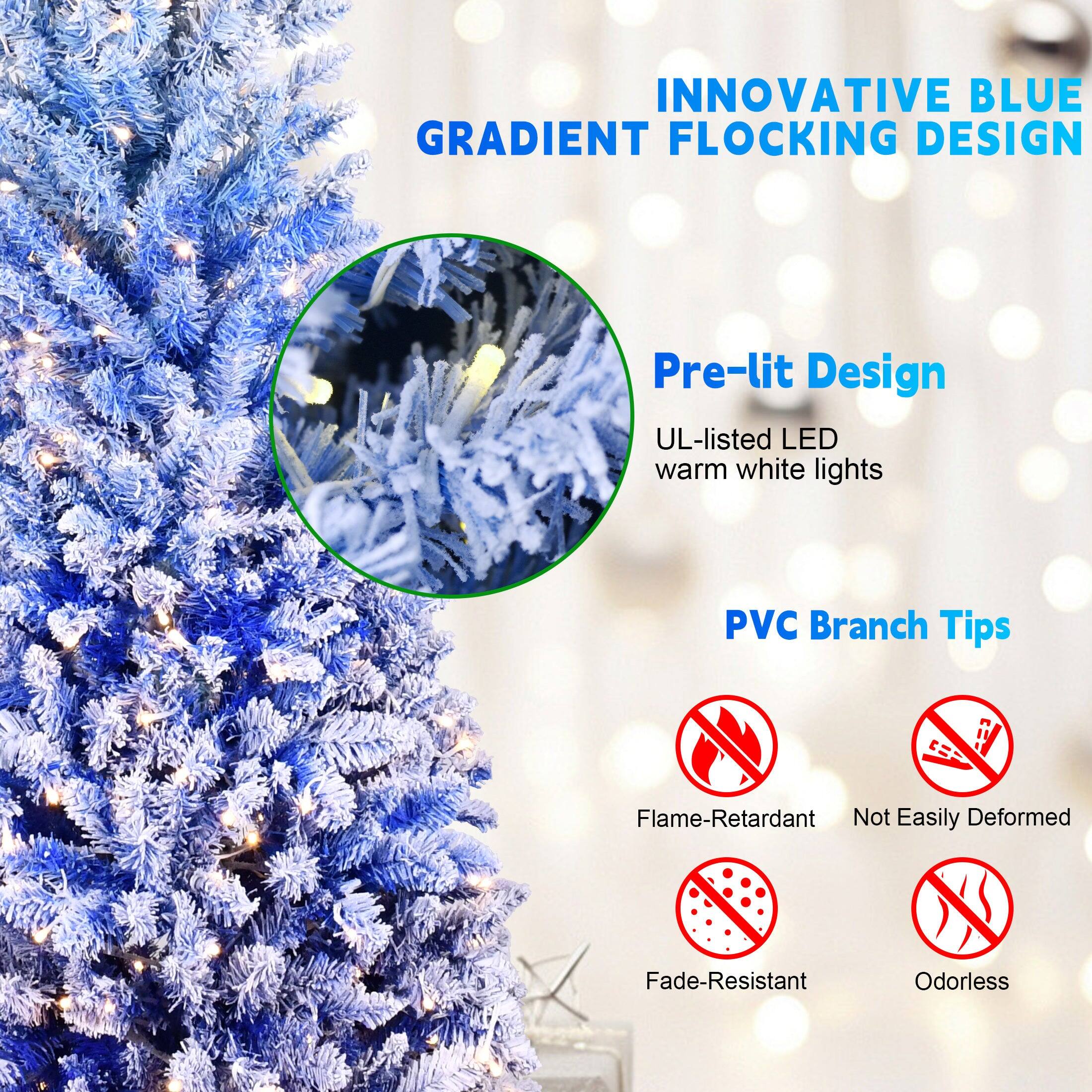 INNOVATIVE BLUE GRADIENT FLOCKING DESIGN

Pre-lit Design  
UL-listed LED warm white lights

PVC Branch Tips  
Flame-Retardant  
Not Easily Deformed  
Fade-Resistant  
Odorless