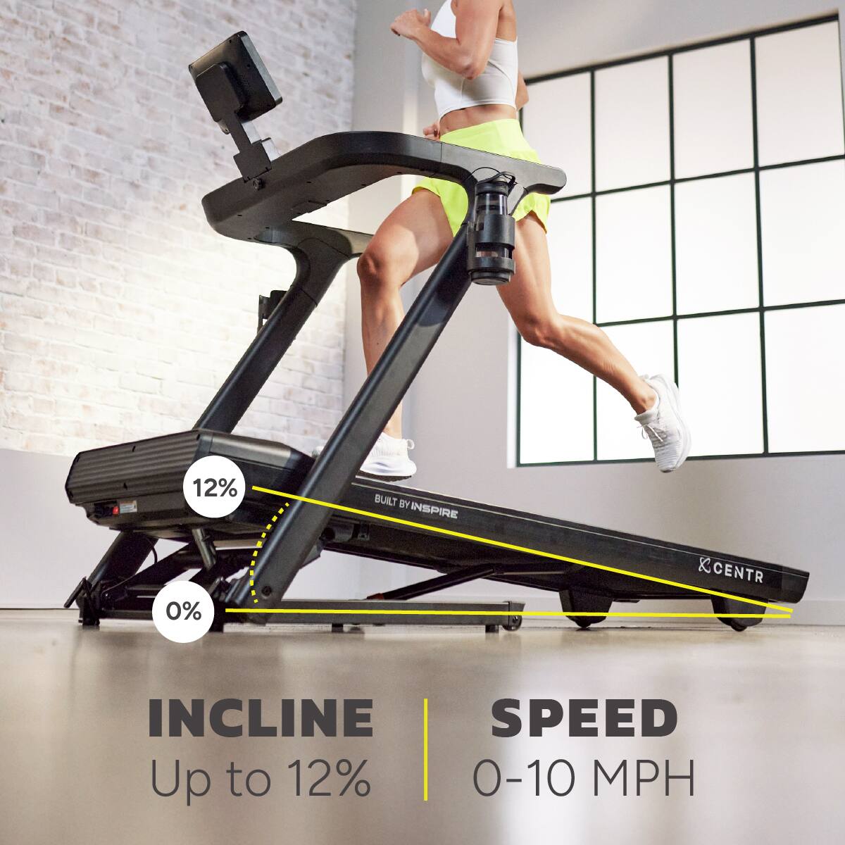 The text on the image reads: "12% Built by Inspire 0% Centr Incline Speed Up to 12% 0-10 mph."