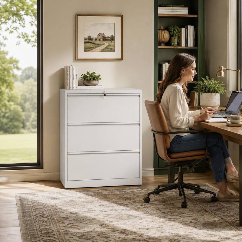 RYHNUYNE 35.4 In Rectangle Metal Lateral File Cabinet With Lock And ...