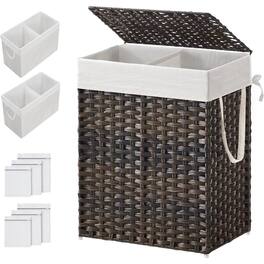 Hivvago - PP Rattan 24-Gal Laundry Hamper Basket w/ 2-Compartment Washable Liner Bag - Brown