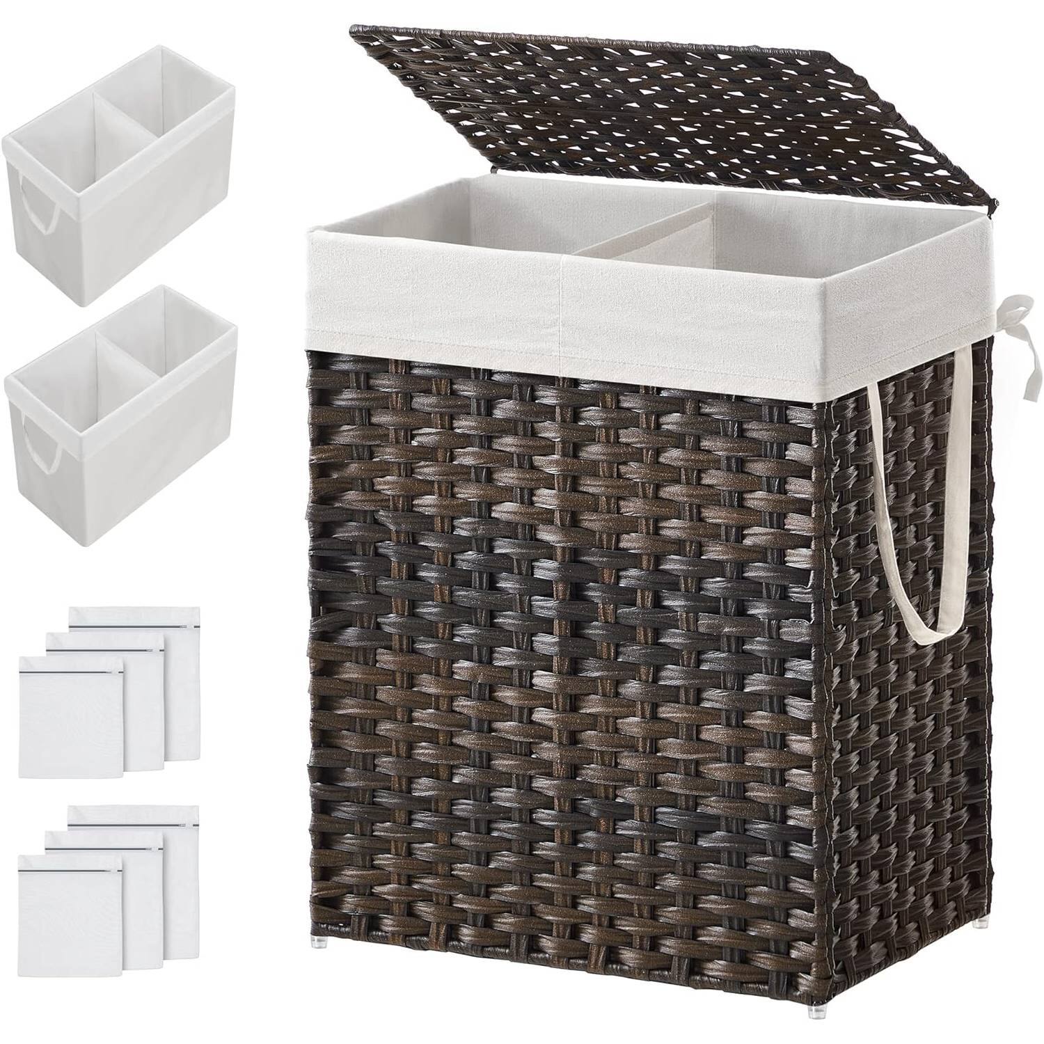 Front. Hivvago - Brown PP Rattan 24-Gal Laundry Hamper Basket w/ 2-Compartment Washable Liner Bag - Brown.
