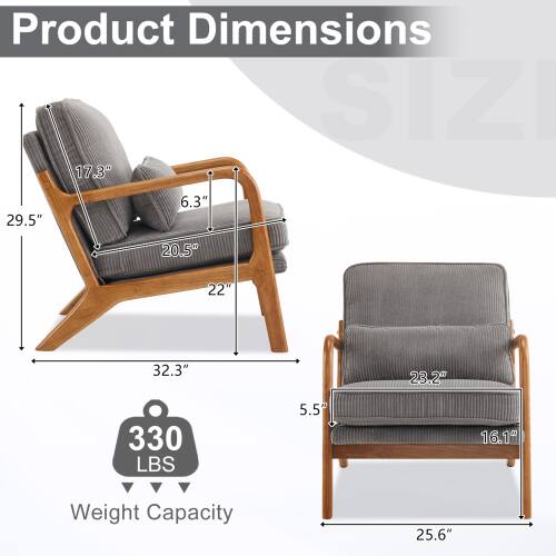 Product Dimensions

- Length: 32.3"
- Width: 29.5"
- Height: 20.5"
- Seat Height: 17.3"
- Seat Depth: 22"
- Armrest Height: 6.3"
- Armrest Width: 23.2"
- Back Height: 25.6"

Weight Capacity: 330 LBS