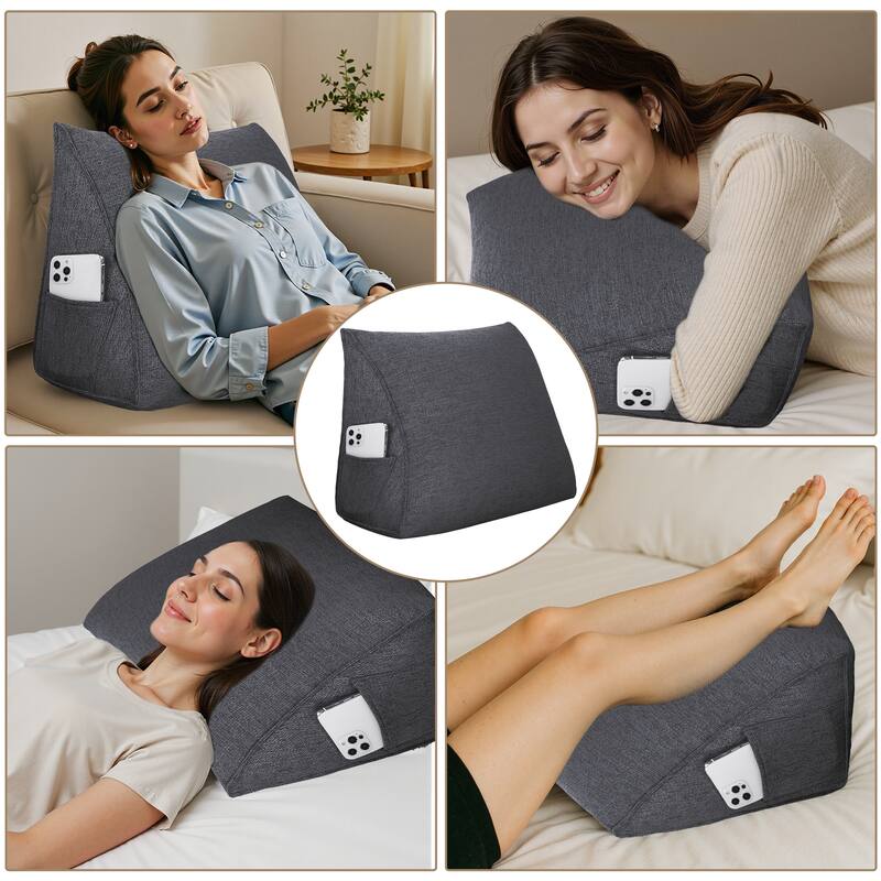 Alt View 5. wowmax - Triangular Wedge Pillow – Linen Backrest for Bed, Couch & Reading (Grey, 23inch) - Grey.
